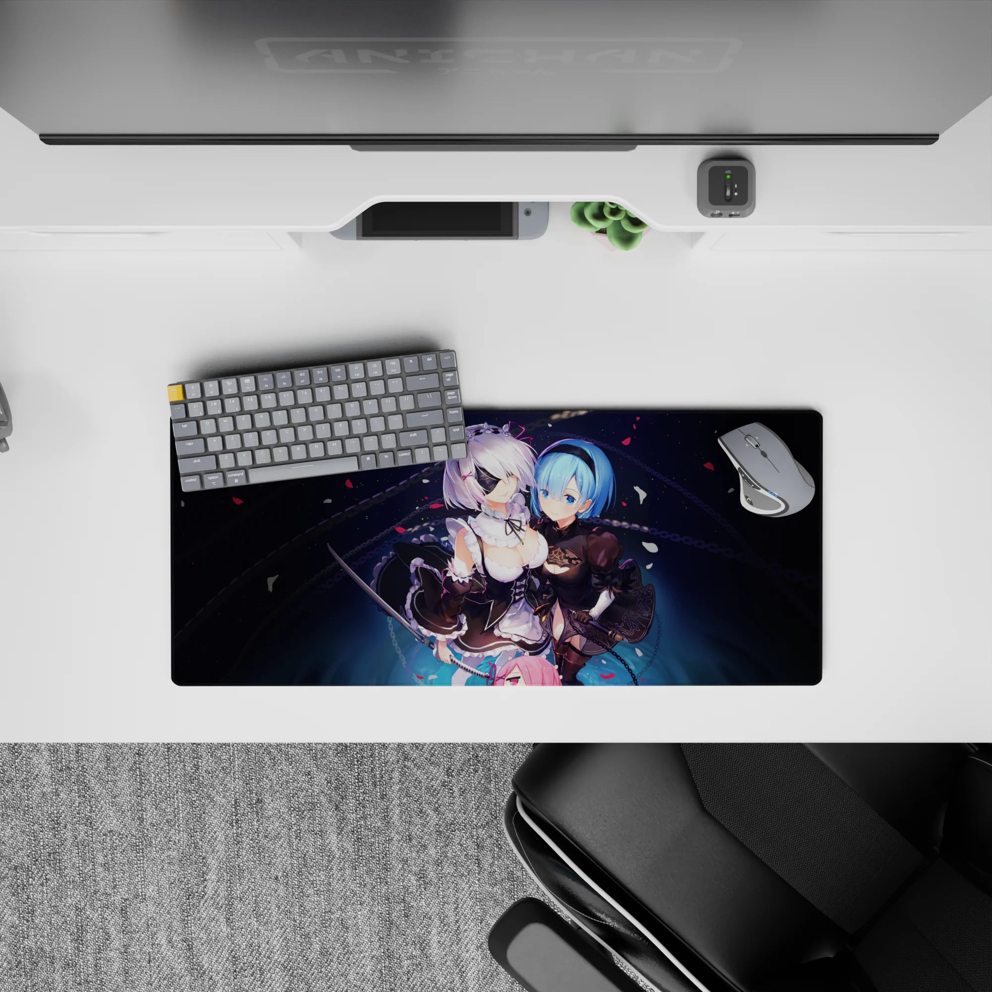 28x12 inches anime girl mouse pad in deep navy with crisp blacks, icy blues, soft whites, romantic glow.