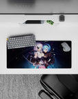 28x12 inches anime girl mouse pad in deep navy with crisp blacks, icy blues, soft whites, romantic glow.