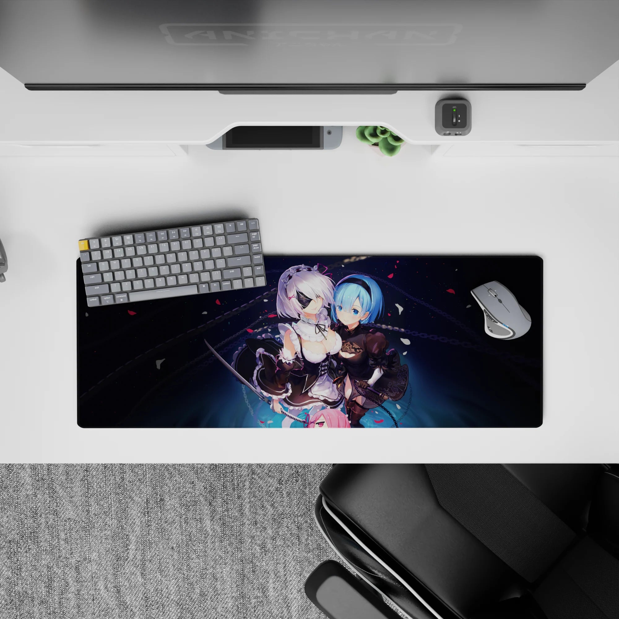 32x12 inches extended anime girl mouse pad in deep navy with crisp blacks, icy blues, soft whites, romantic vibe.
