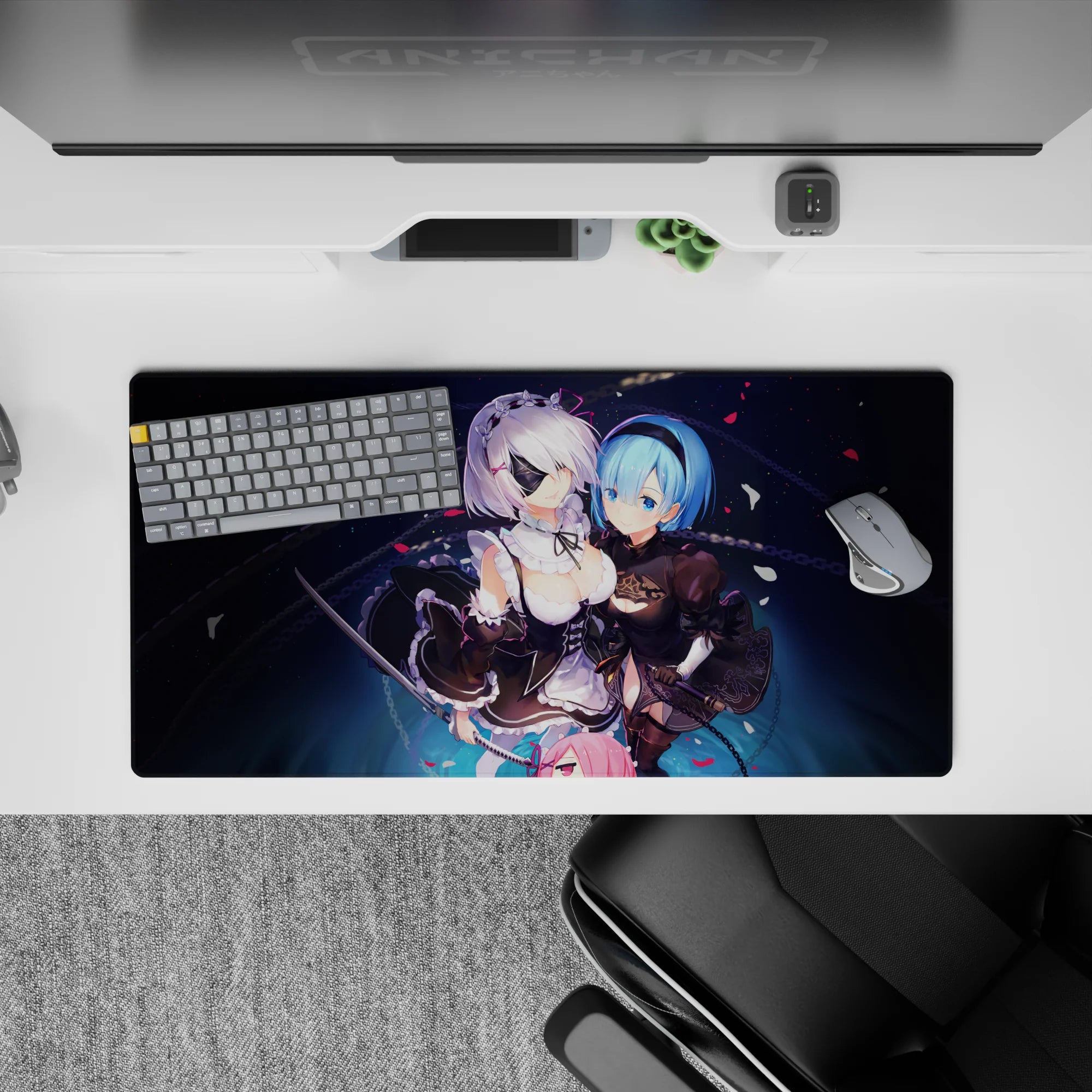 32x16 inches anime girl mouse pad in deep navy with crisp blacks, icy blues, soft whites, romantic glow.