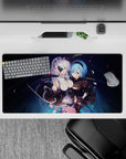 32x16 inches anime girl mouse pad in deep navy with crisp blacks, icy blues, soft whites, romantic glow.