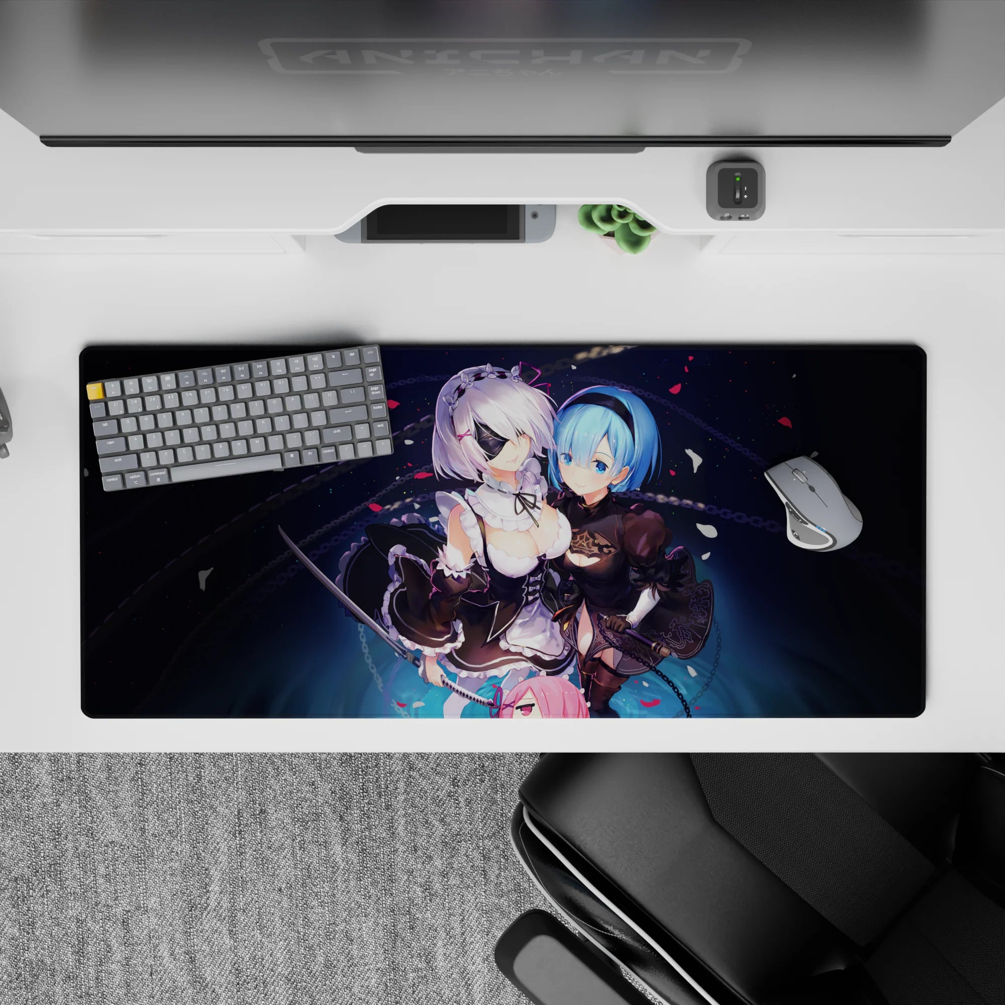 36x16 inches anime desk pad in deep navy space with crisp blacks, icy blues, and soft whites, romantic mood.