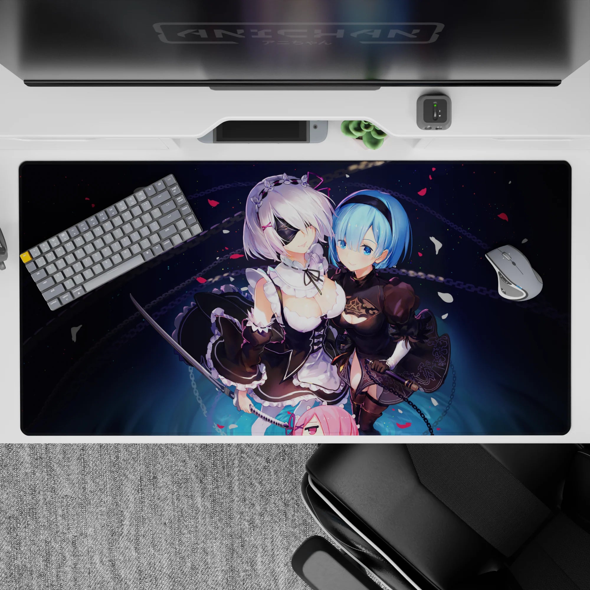 40x20 inches anime girl mouse pad in deep navy space with crisp blacks, icy blues, and soft whites.