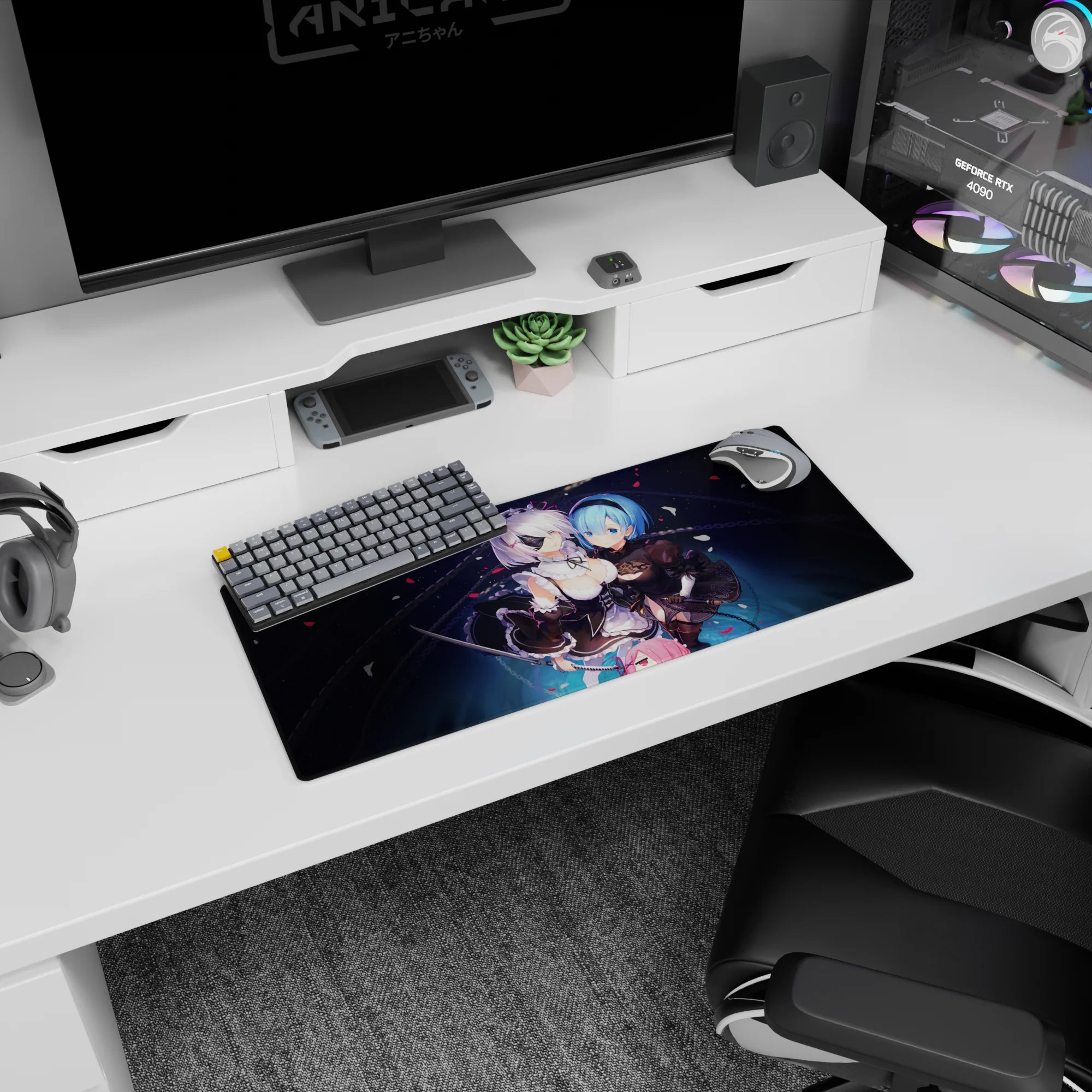 28x12 inches NieR:Automata mouse pad showing 2B and A2 leaning close with swords and drifting petals.