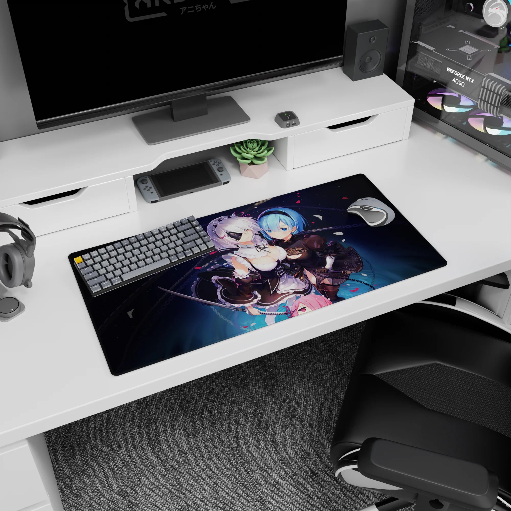 32x16 inches NieR:Automata mouse pad showing 2B and A2 leaning close, swords drawn, petals drifting.
