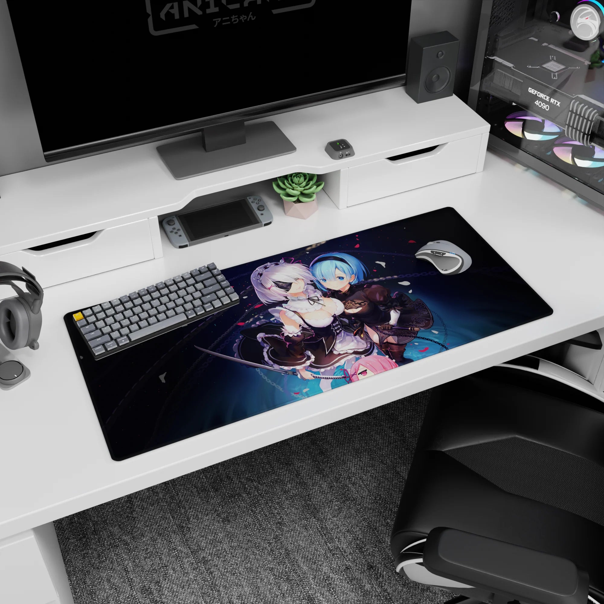 36x16 inches NieR:Automata mouse pad featuring 2B and A2 leaning close with swords on a starry backdrop.
