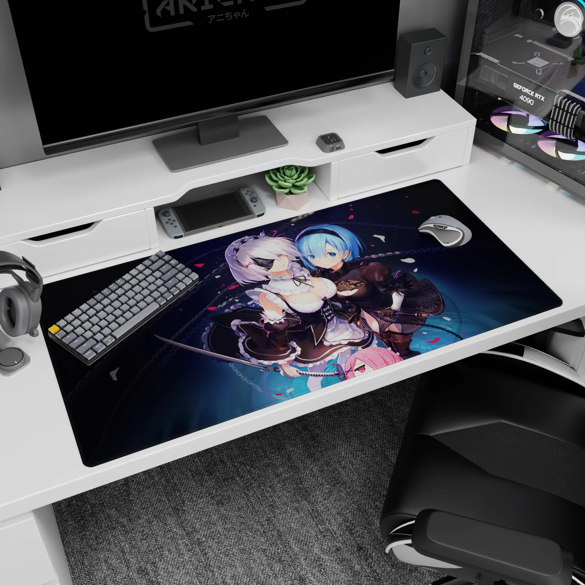 40x20 inches NieR:Automata desk pad showing 2B and A2 leaning close in a quiet dramatic moment.