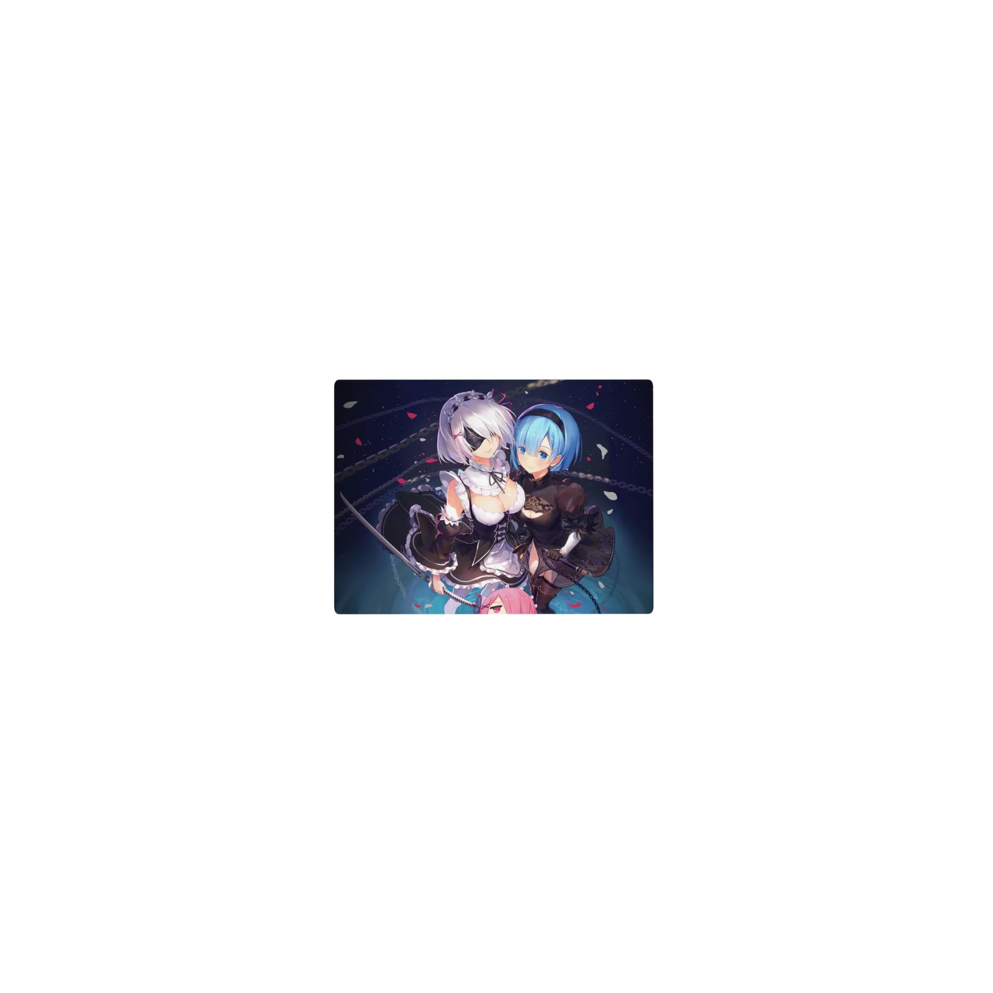 Classic anime girl mouse pad 14x10 inches with chain-ring motifs, petals, and swords on a deep navy space.