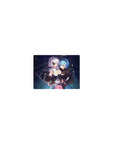 Classic anime girl mouse pad 14x10 inches with chain-ring motifs, petals, and swords on a deep navy space.