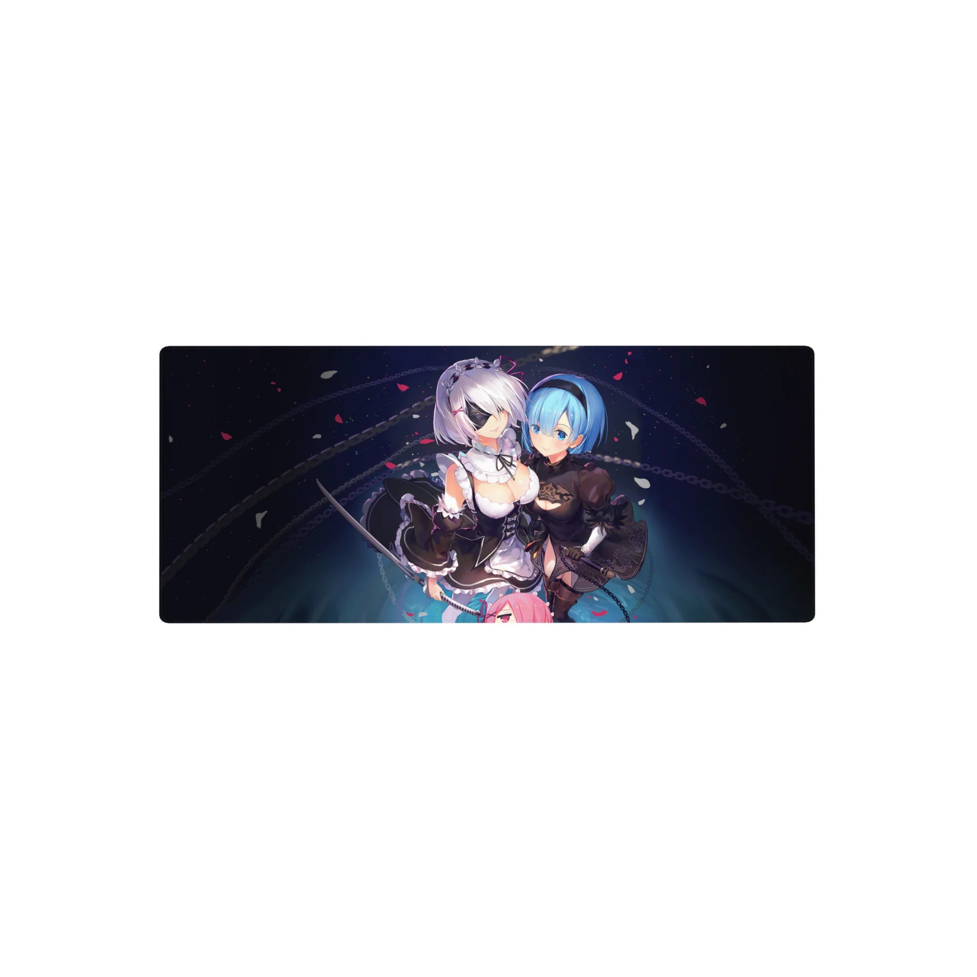 28x12 inches anime girl mouse pad with 2B and A2, chain-ring motifs, petals, and swords on navy space.