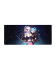 28x12 inches anime girl mouse pad with 2B and A2, chain-ring motifs, petals, and swords on navy space.