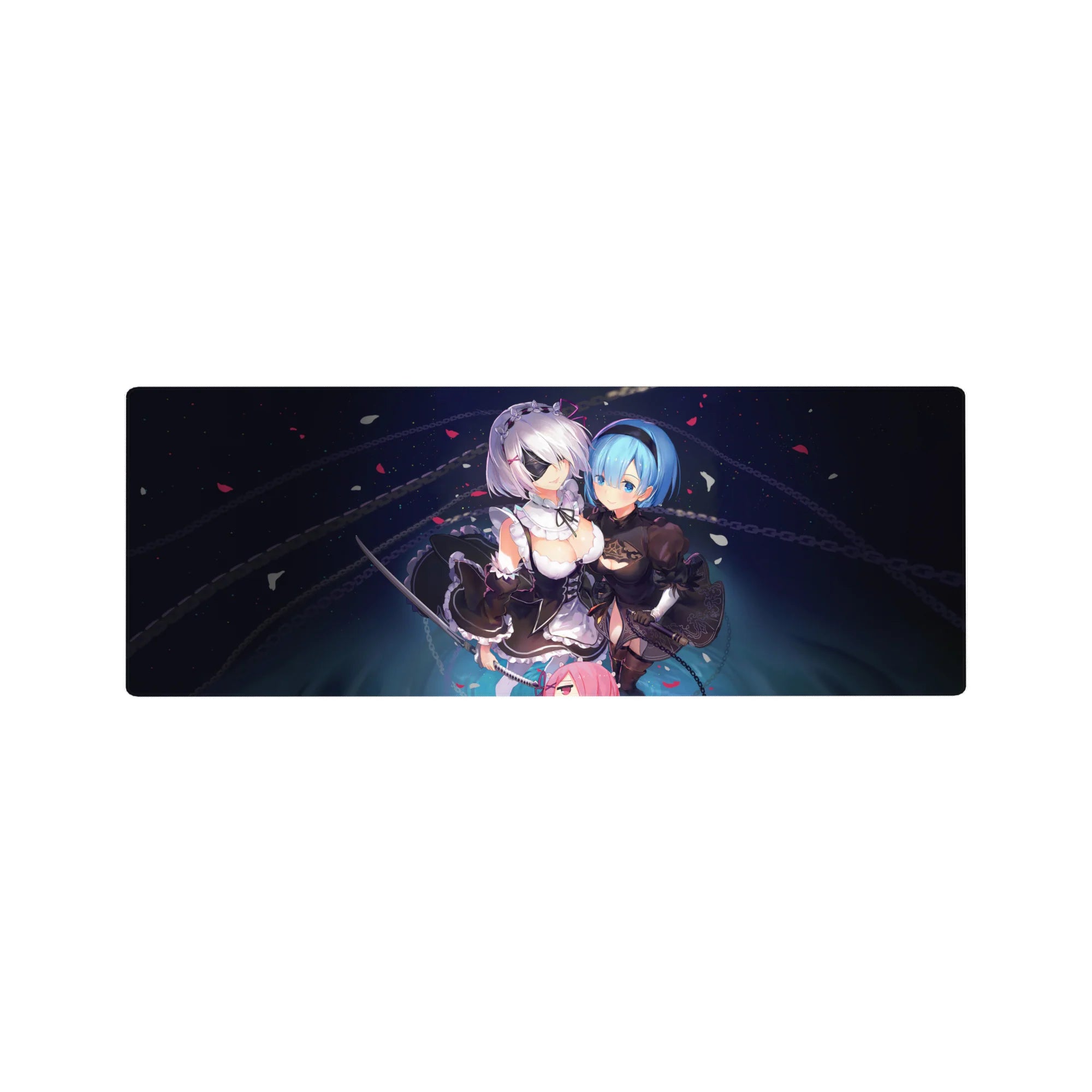 32x12 inches anime girl mouse pad with 2B and A2, space navy backdrop, petals and chain-ring patterns.