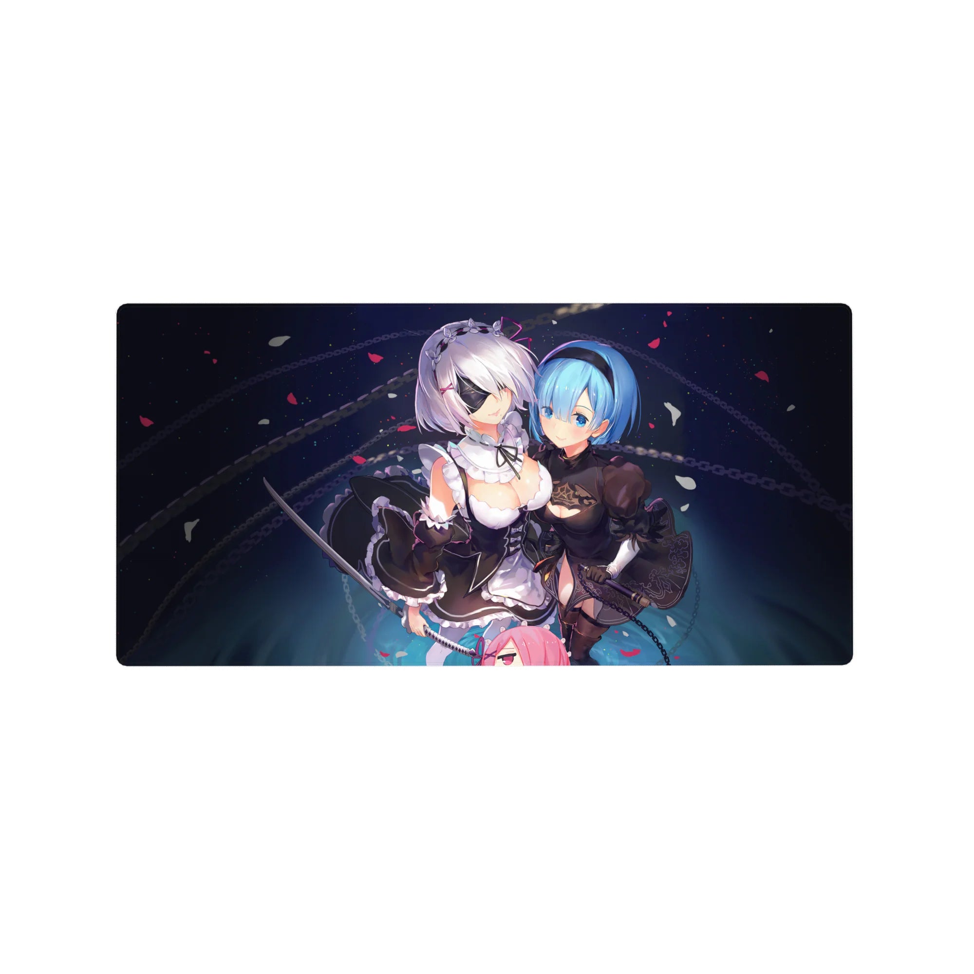 32x16 inches anime girl mouse pad with 2B and A2, space navy backdrop, chains, petals, and swords.