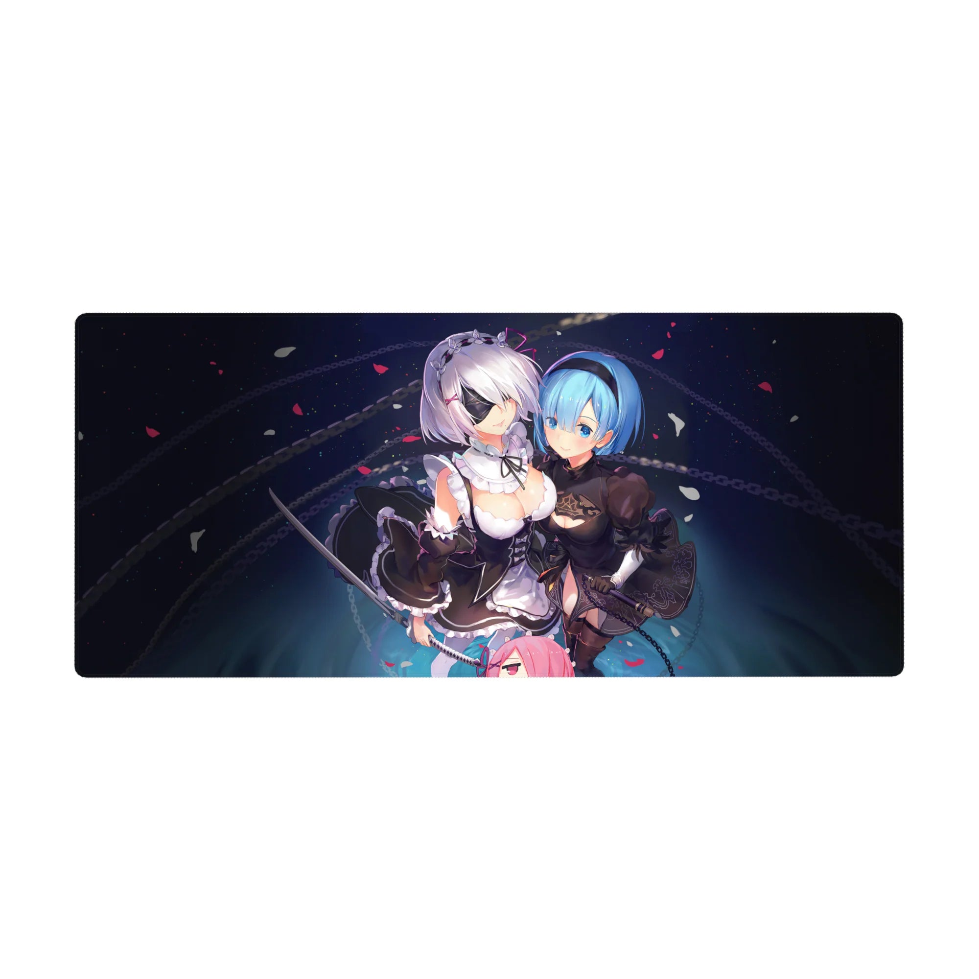 36x16 inches anime girl desk pad with chain-ring patterns, drifting petals, and sword-themed sci‑fi art.