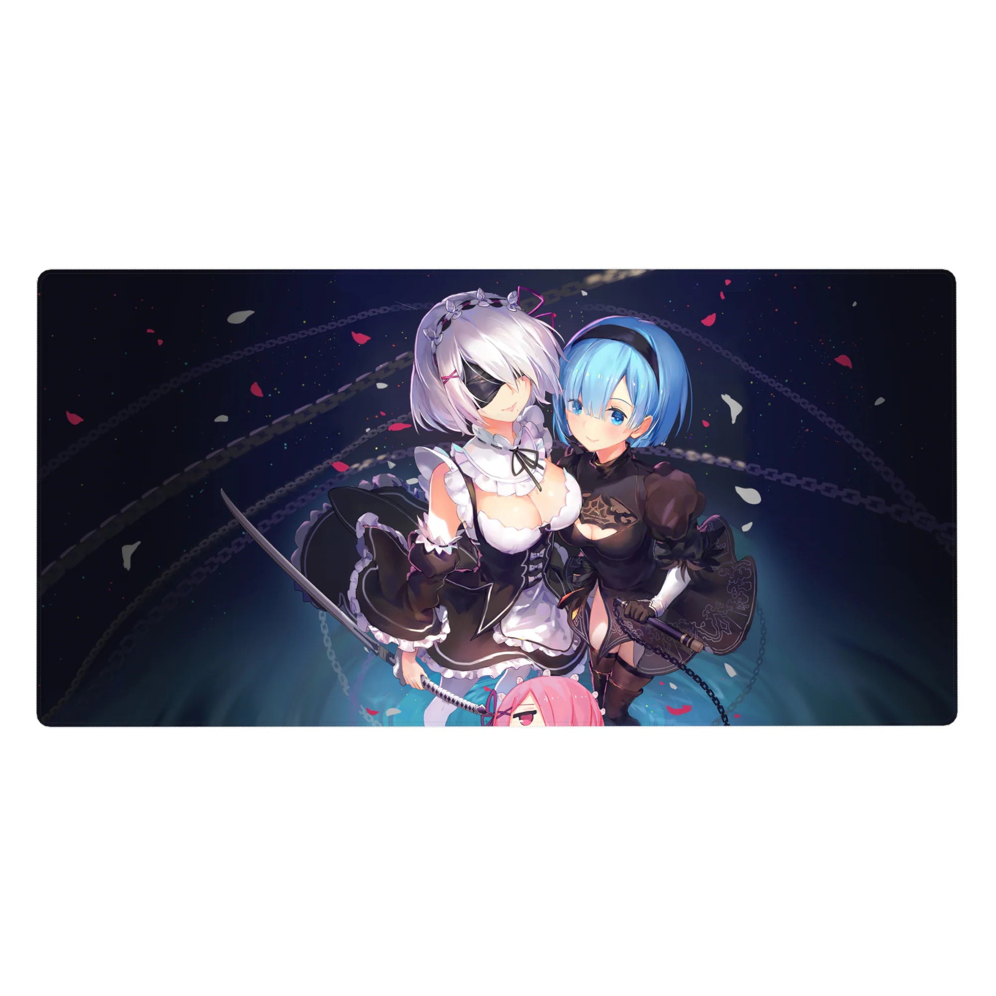 40x20 inches anime girl desk pad with 2B and A2, swords, chain-ring patterns, and drifting petals.