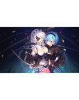 40x20 inches anime girl desk pad with 2B and A2, swords, chain-ring patterns, and drifting petals.