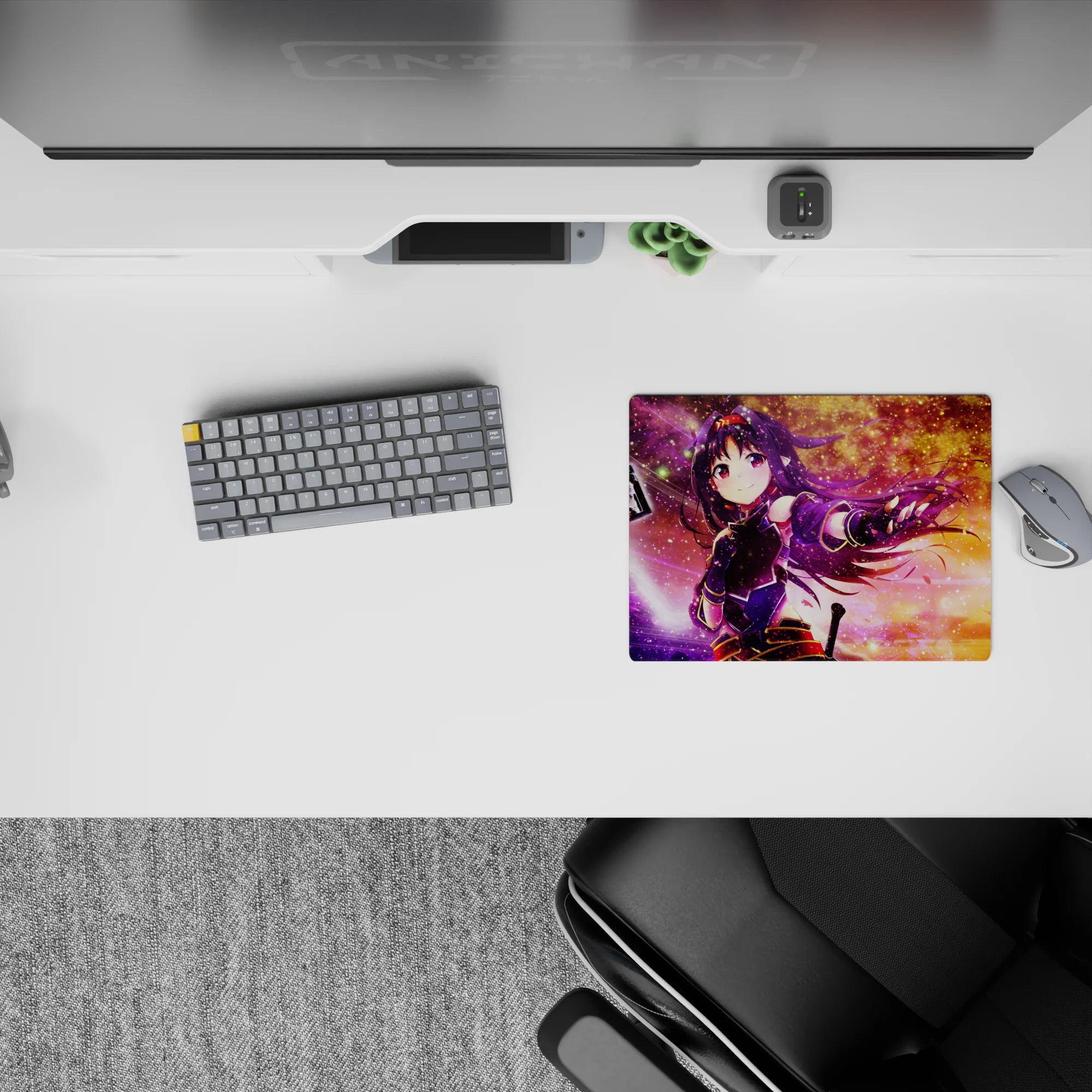 Cosmic purple-to-gold anime mouse pad 14x10 inches with glittery stars and energetic motion streaks.