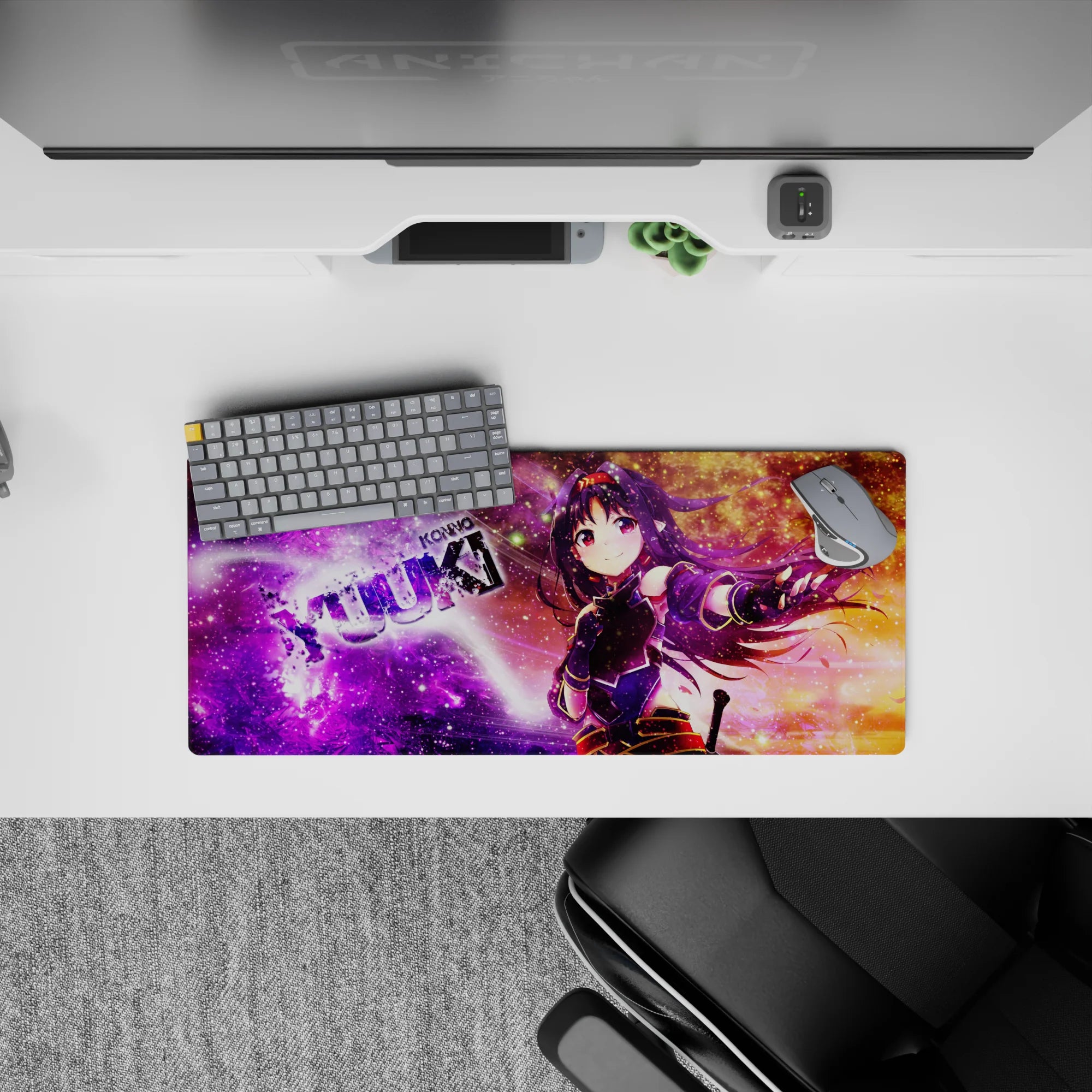 28x12 inches mouse pad in purple-to-gold galaxy tones with sparkly stars and energetic motion streaks.