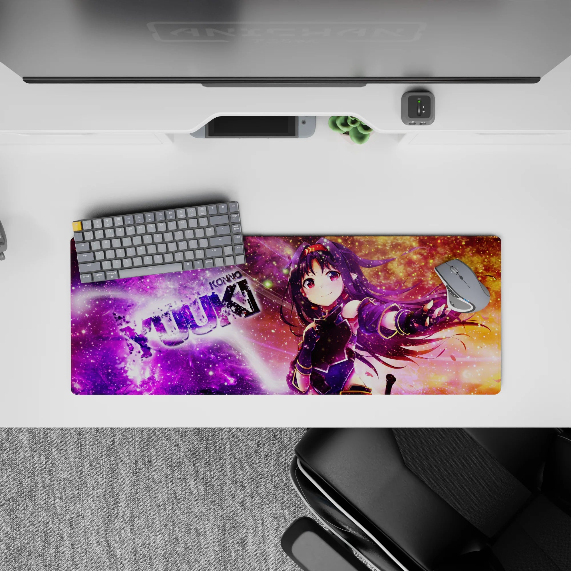 32x12 inches anime mouse pad in purple-to-gold galaxy glow with sparkling stars and energetic motion streaks.