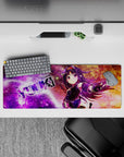 32x12 inches anime mouse pad in purple-to-gold galaxy glow with sparkling stars and energetic motion streaks.