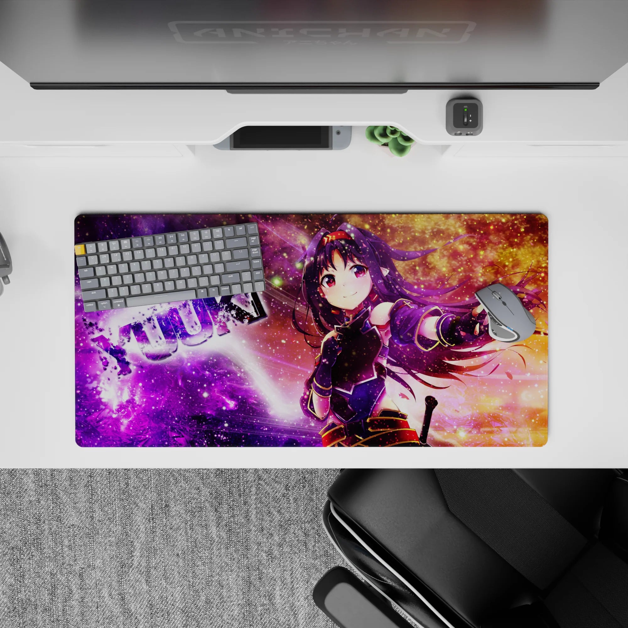 32x16 inches mouse pad in purple-to-gold galaxy tones with sparkling stars; cute energetic anime desk mat.