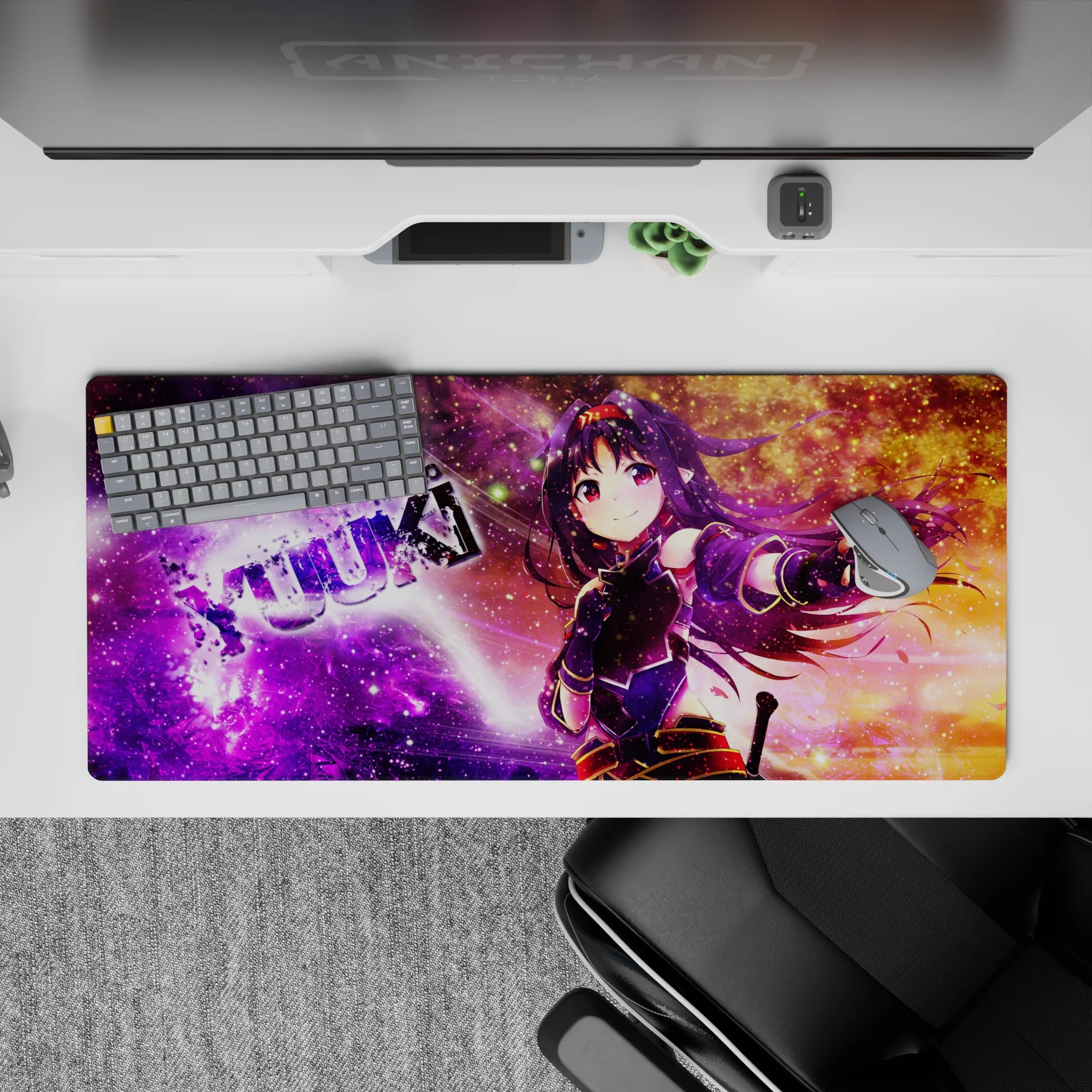 Purple-to-gold galaxy desk pad 36x16 inches, dreamy sparkles and motion streaks for an energetic vibe.