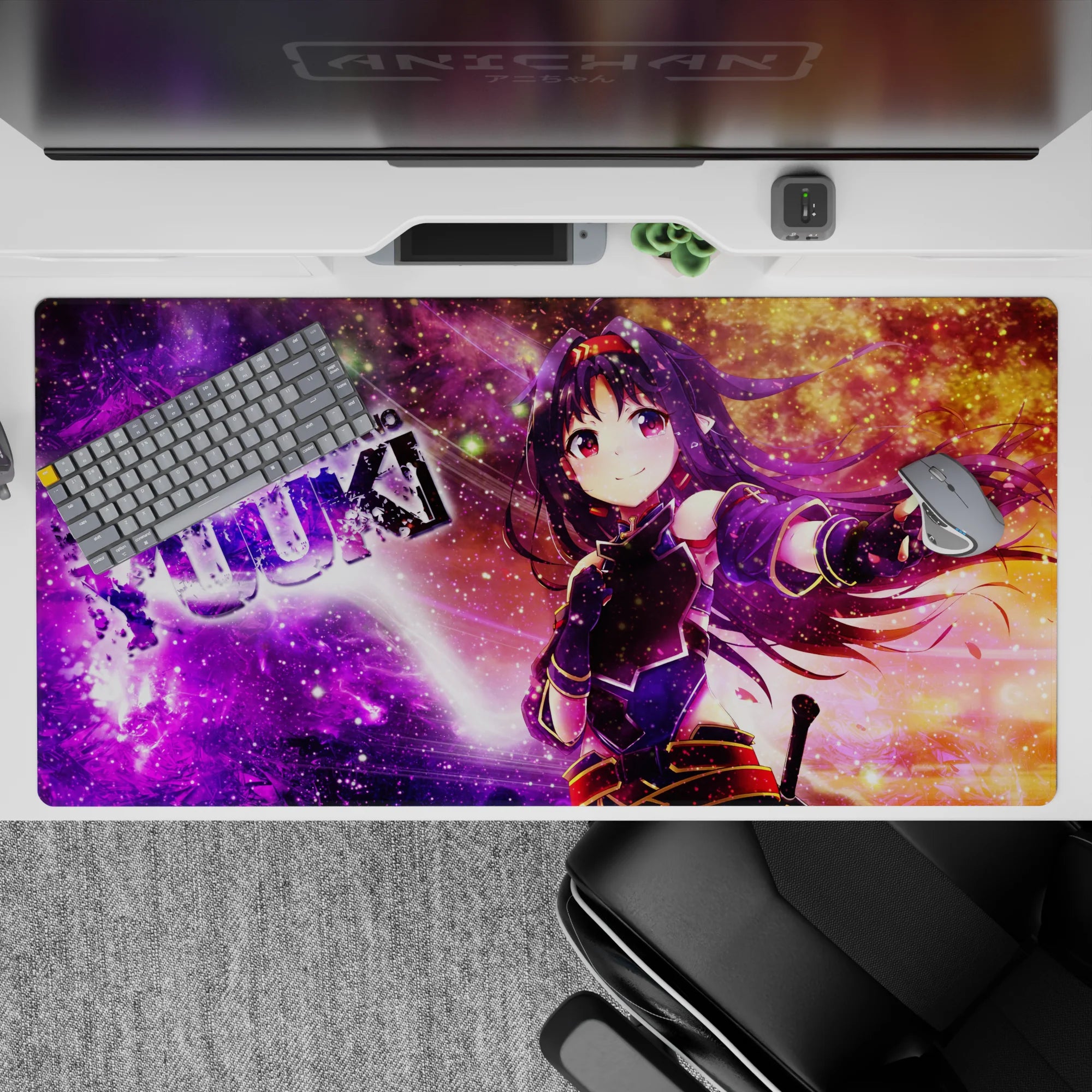 Purple-to-gold galaxy desk pad 40x20 inches, glittery stars, dreamy streaks, energetic anime vibe.