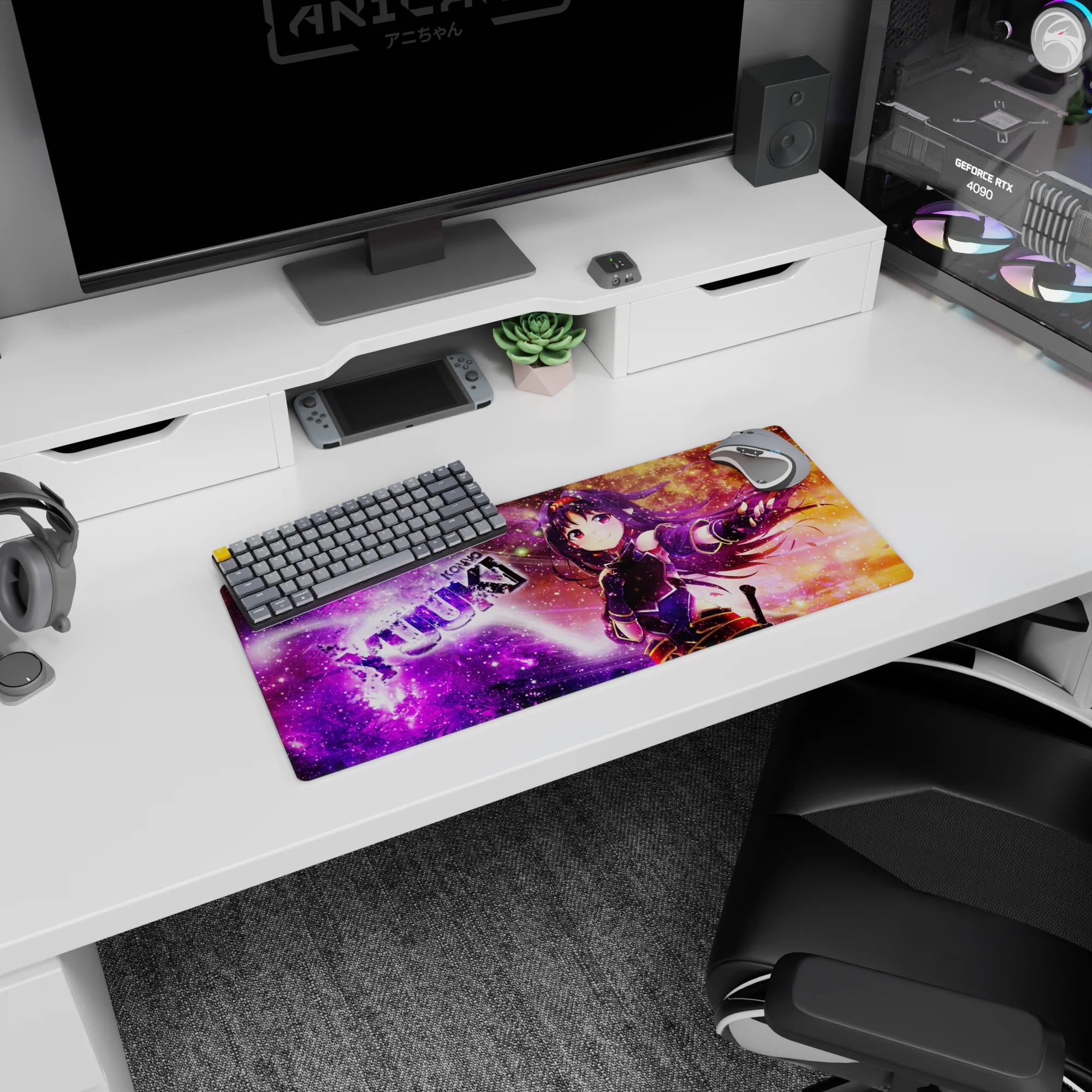 28x12 inches Yuuki Konno Sword Art Online mouse pad, smiling with violet hair and bold crimson accents.