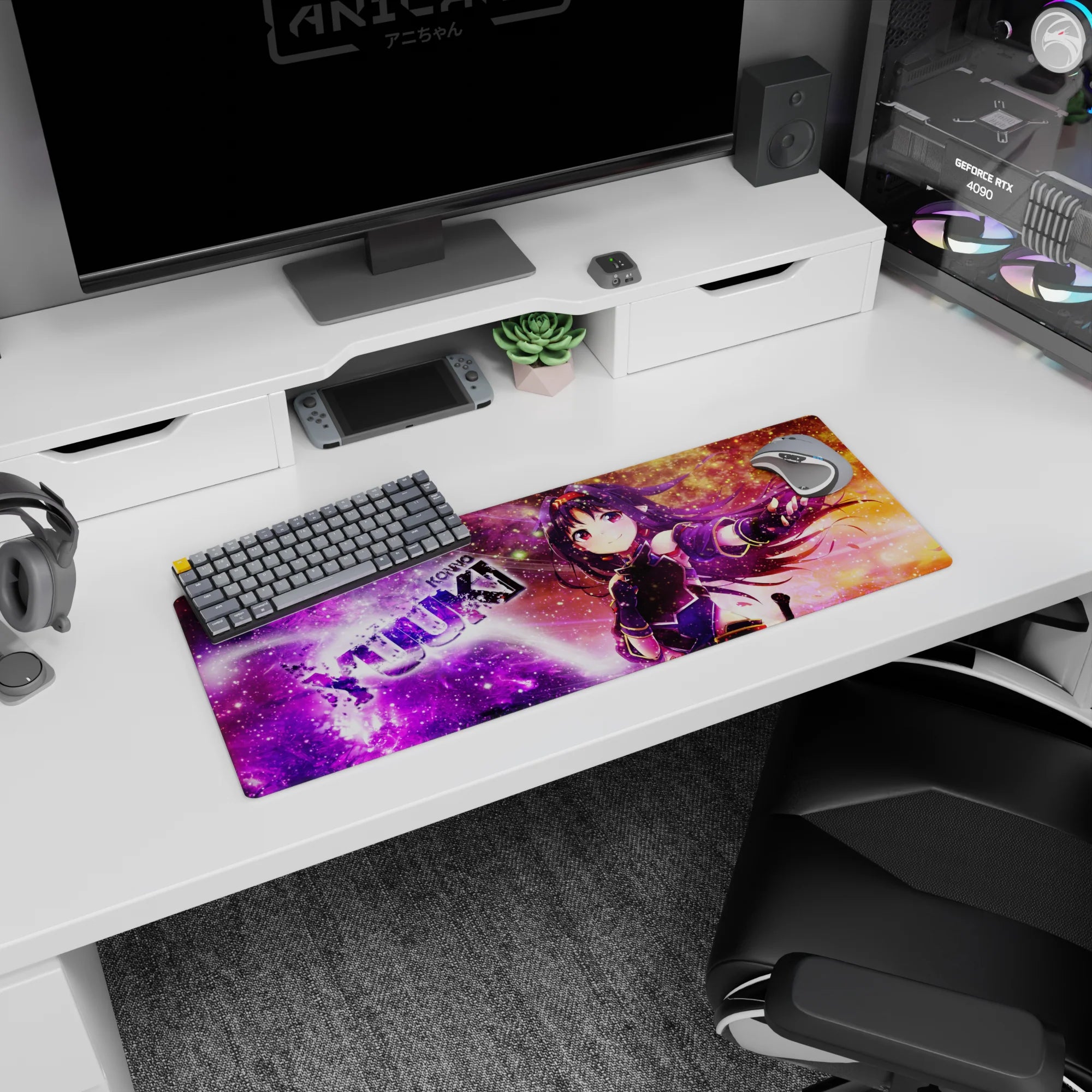 32x12 inches Yuuki Konno Sword Art Online mouse pad, smiling with violet hair and crimson accents on a nebula.