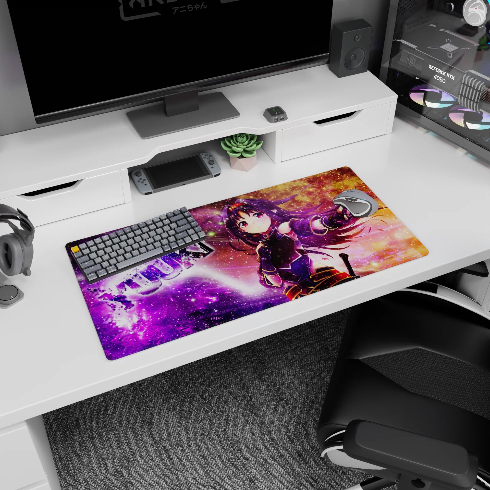 32x16 inches Yuuki Konno Sword Art Online mouse pad, smiling hero with violet hair on a nebula backdrop.