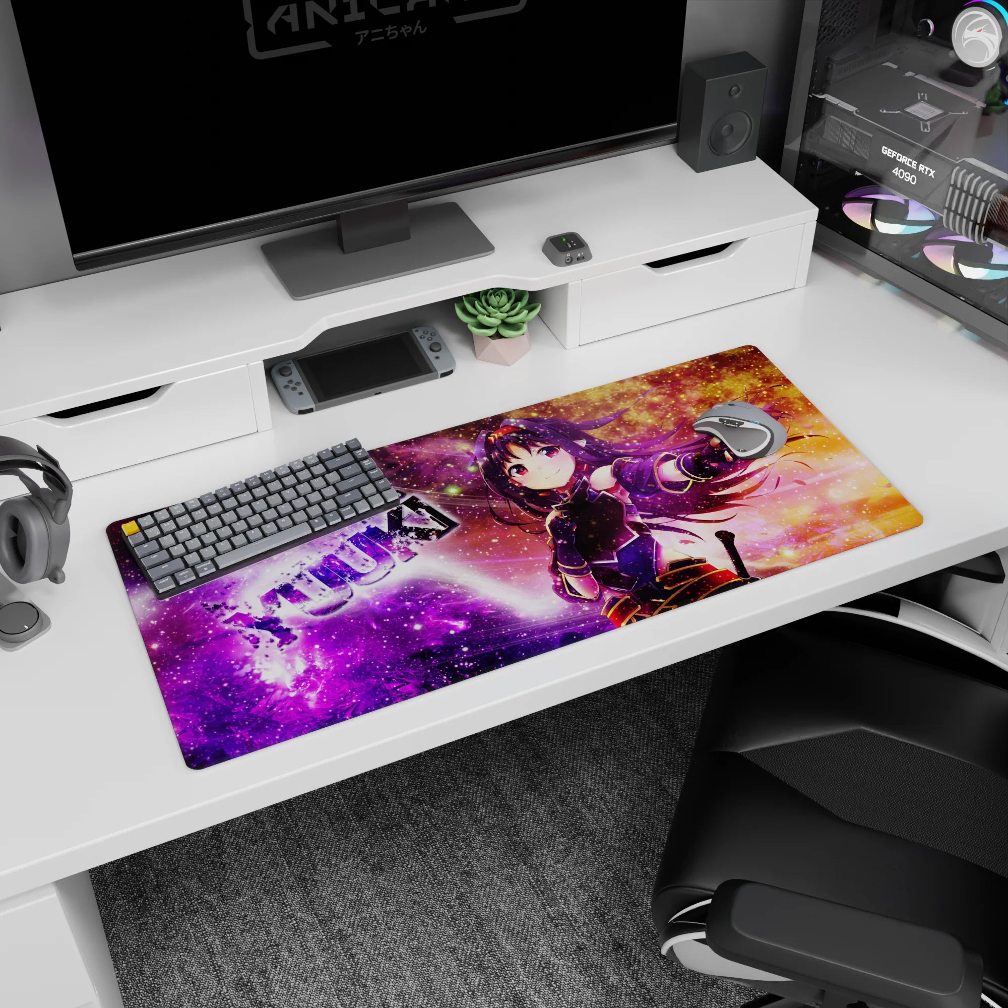 Yuuki Konno from Sword Art Online smiling on a 36x16 inches desk pad, violet hair with crimson accents.