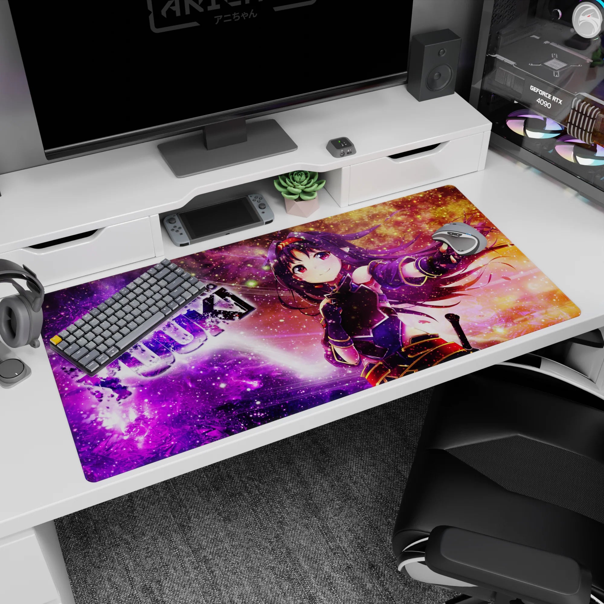 Yuuki Konno smiling desk pad 40x20 inches, violet hair and crimson accents on a starry nebula.