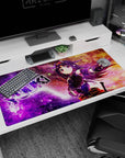 Yuuki Konno smiling desk pad 40x20 inches, violet hair and crimson accents on a starry nebula.