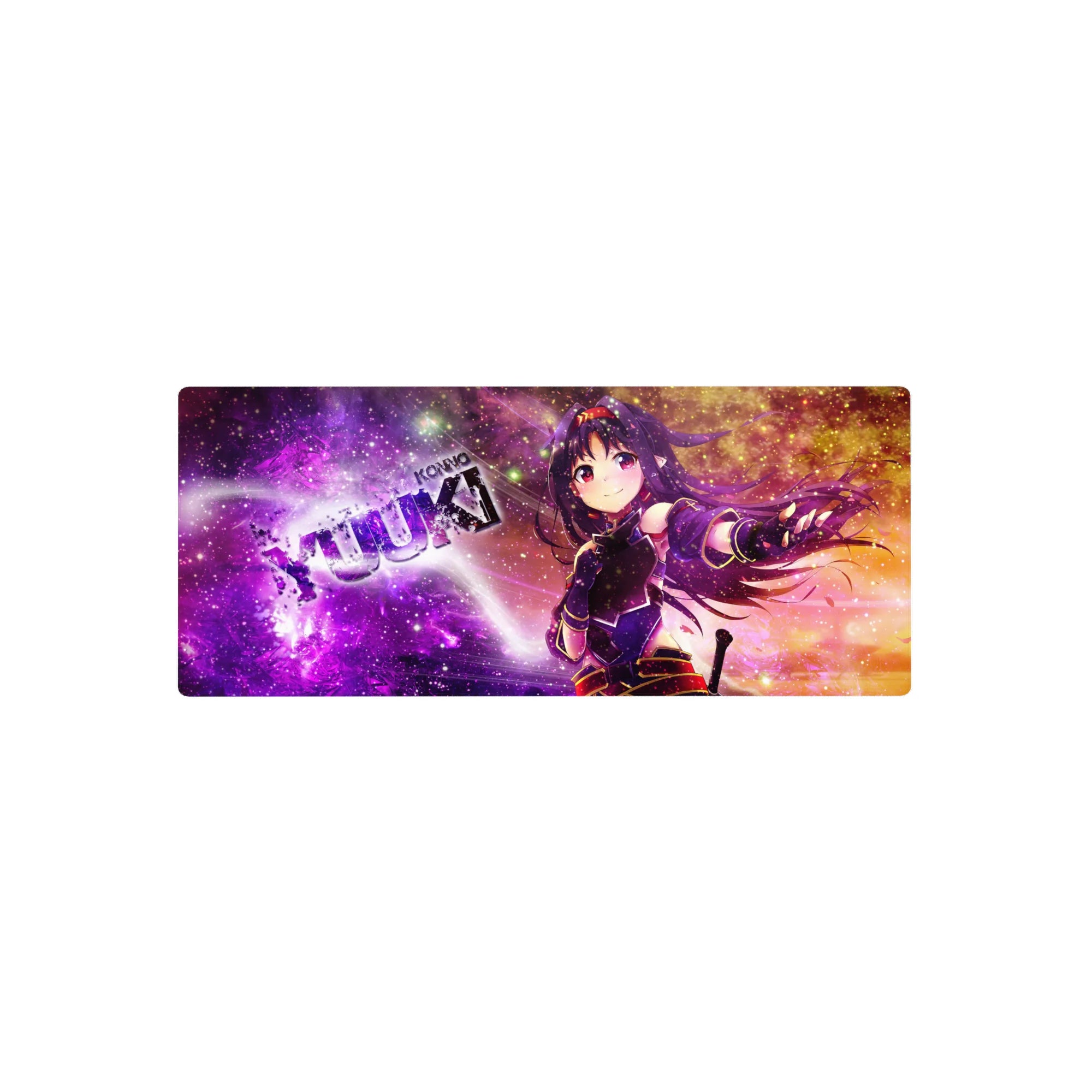 28x12 inches anime girl mouse pad with cosmic nebula backdrop, glitter stars, KONNO YUUKI poster text.