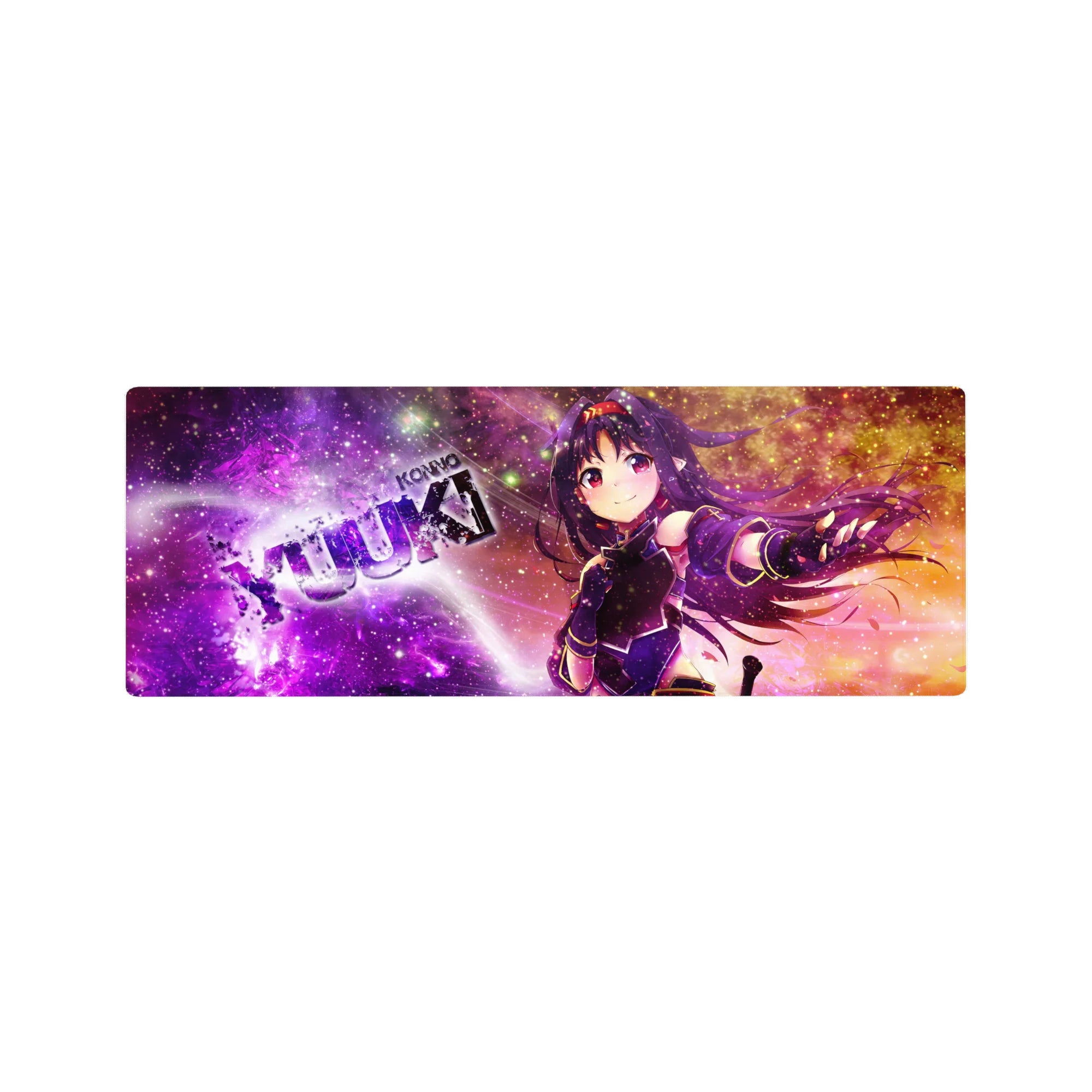 32x12 inches anime girl mouse pad with cosmic nebula background, glitter stars, and bold KONNO YUUKI text.