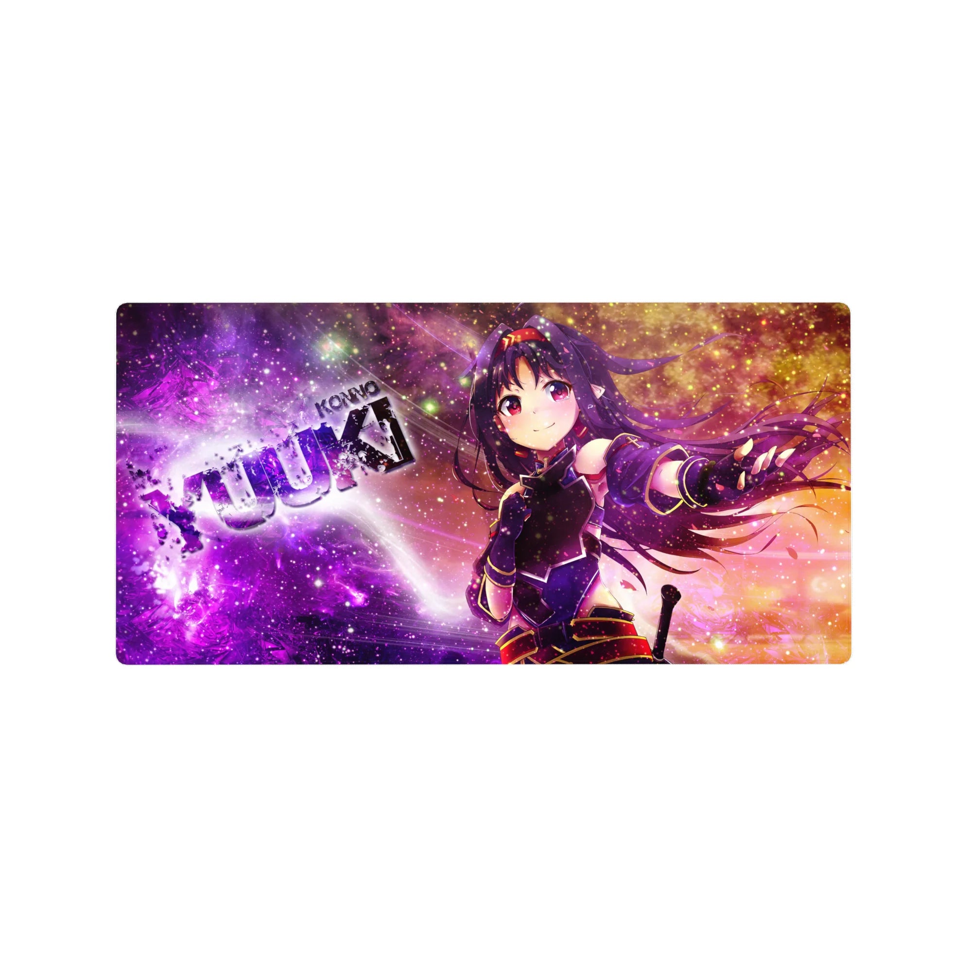 32x16 inches anime girl mouse pad with cosmic nebula, glitter stars, motion streaks, bold KONNO YUUKI text.