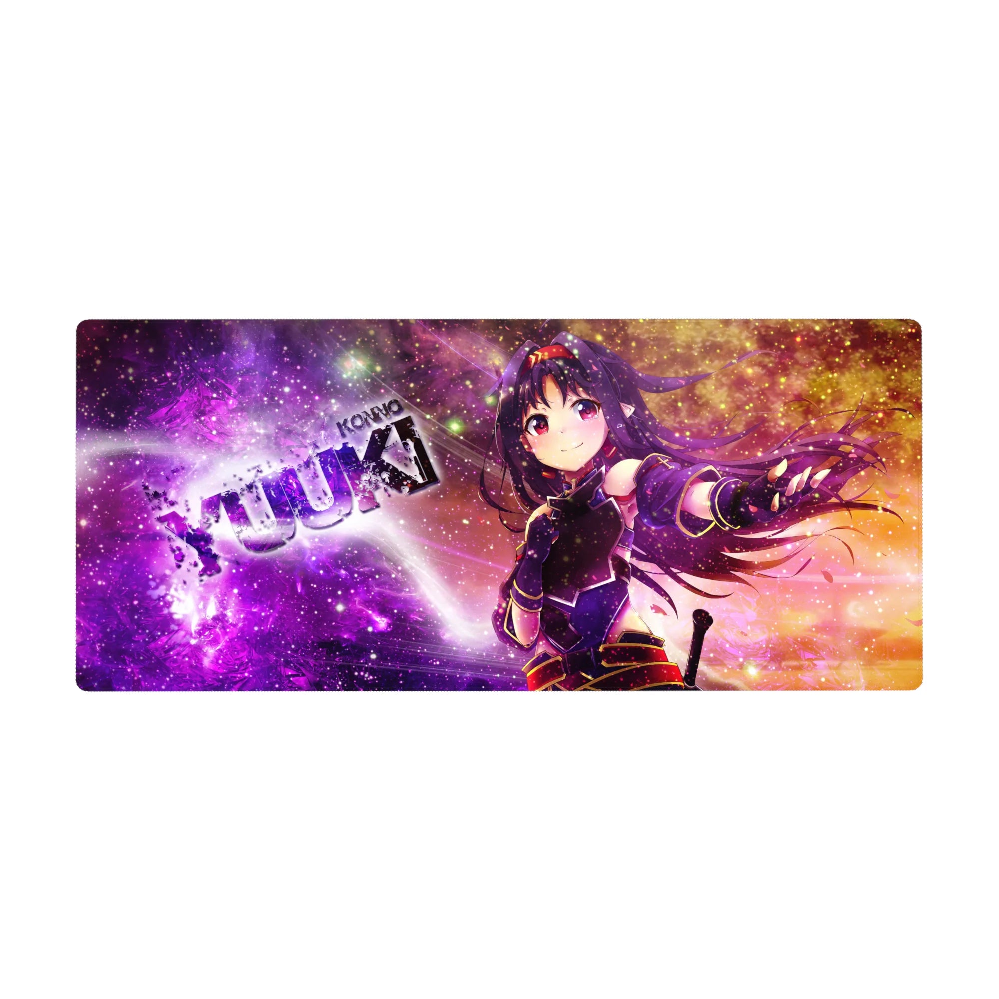 Anime girl desk pad 36x16 inches with cosmic nebula background, glitter stars, and KONNO YUUKI text.