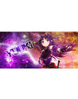 Anime girl desk pad 36x16 inches with cosmic nebula background, glitter stars, and KONNO YUUKI text.