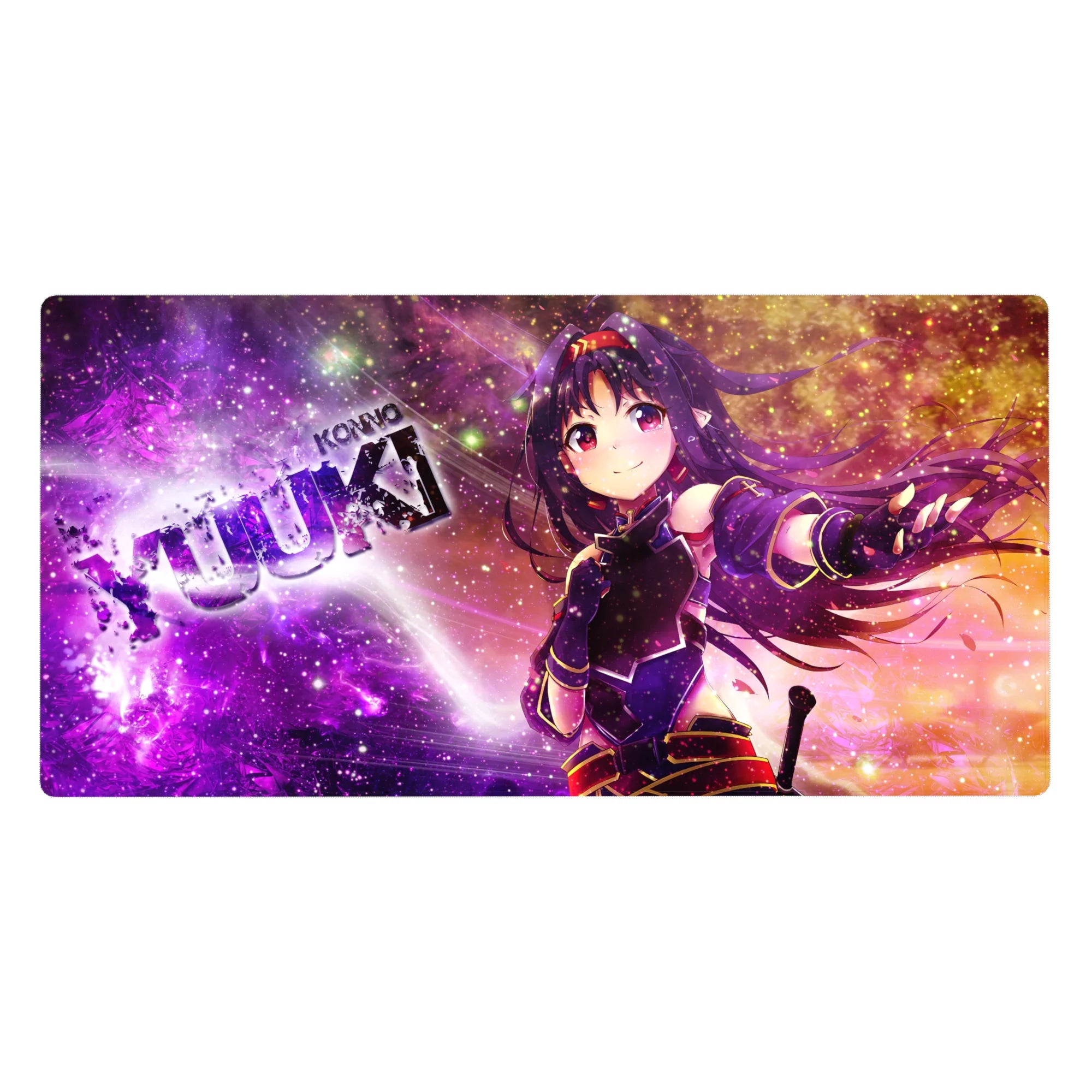 Anime girl desk pad 40x20 inches with cosmic nebula backdrop, glitter stars, and KONNO YUUKI text.