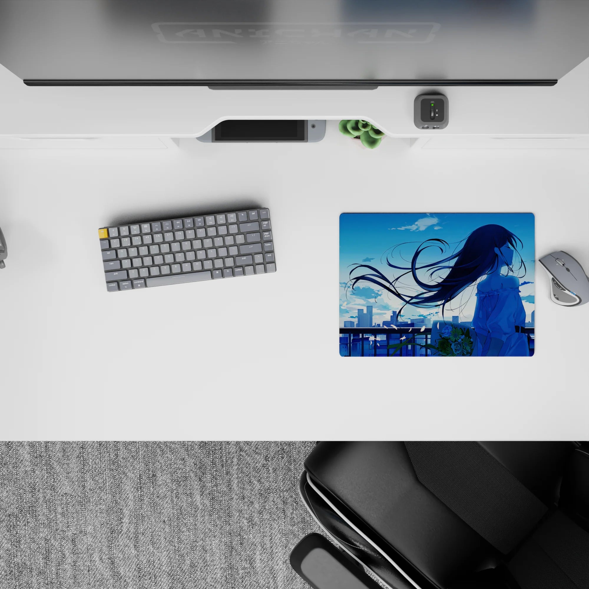Dreamy cool-blue anime girl mouse pad 14x10 inches with soft gradients, airy clouds, calm vibe.