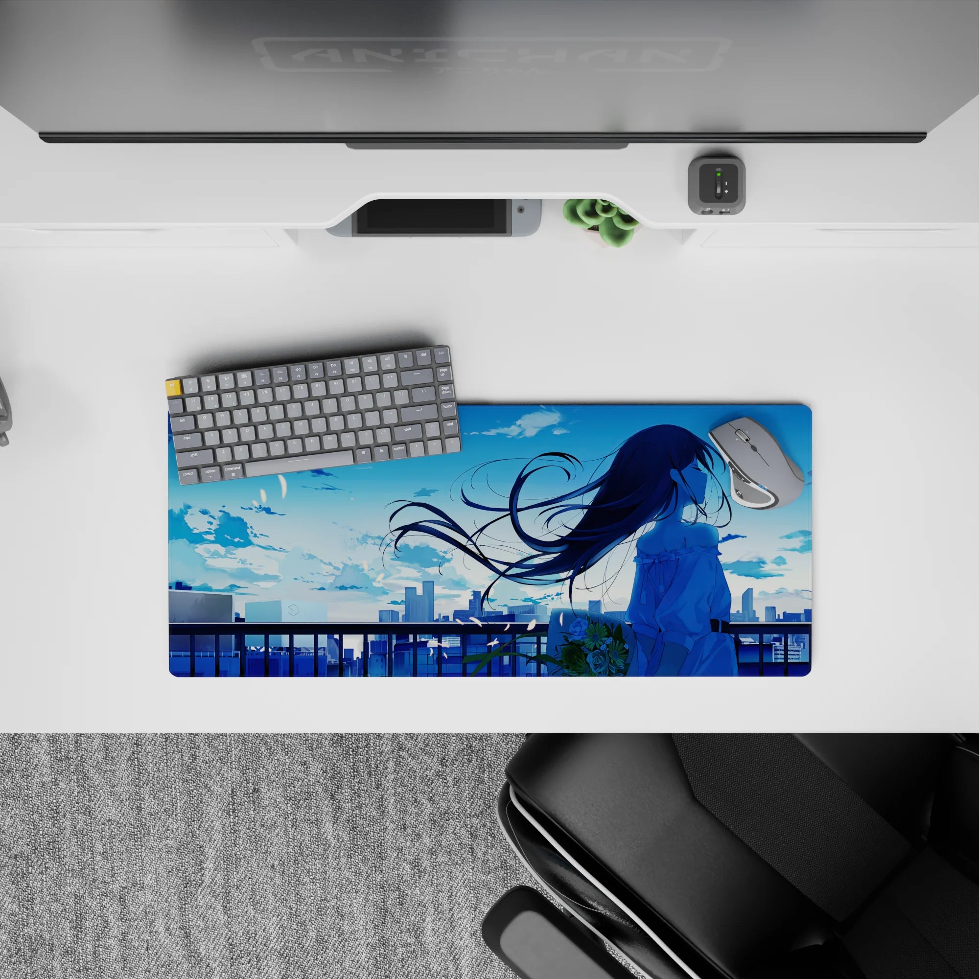 Dreamy cool blue anime girl mouse pad 28x12 inches with soft clouds and calm romantic vibe.