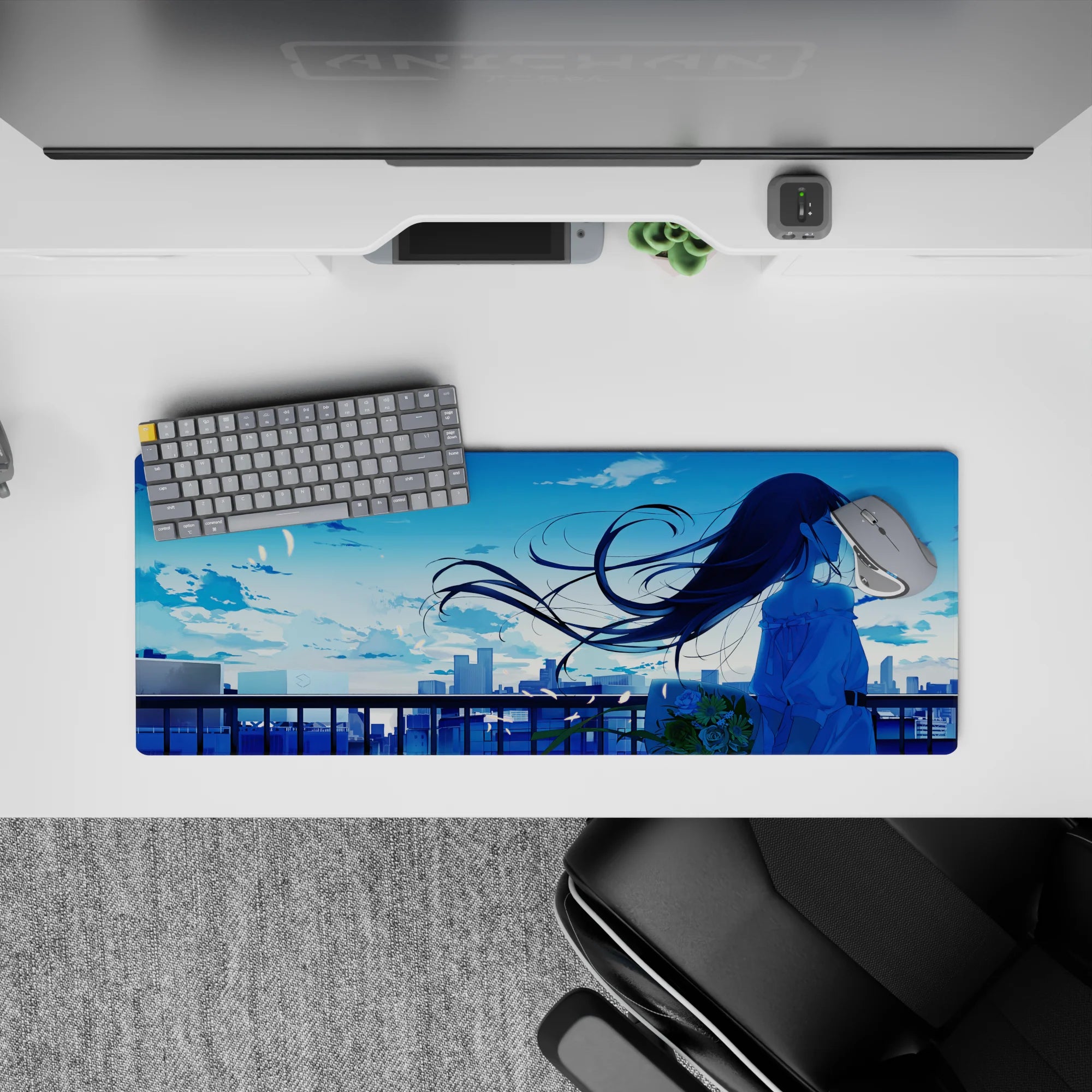 Dreamy cool-blue anime girl mouse pad 32x12 inches with soft gradients, airy clouds, and calm vibes.