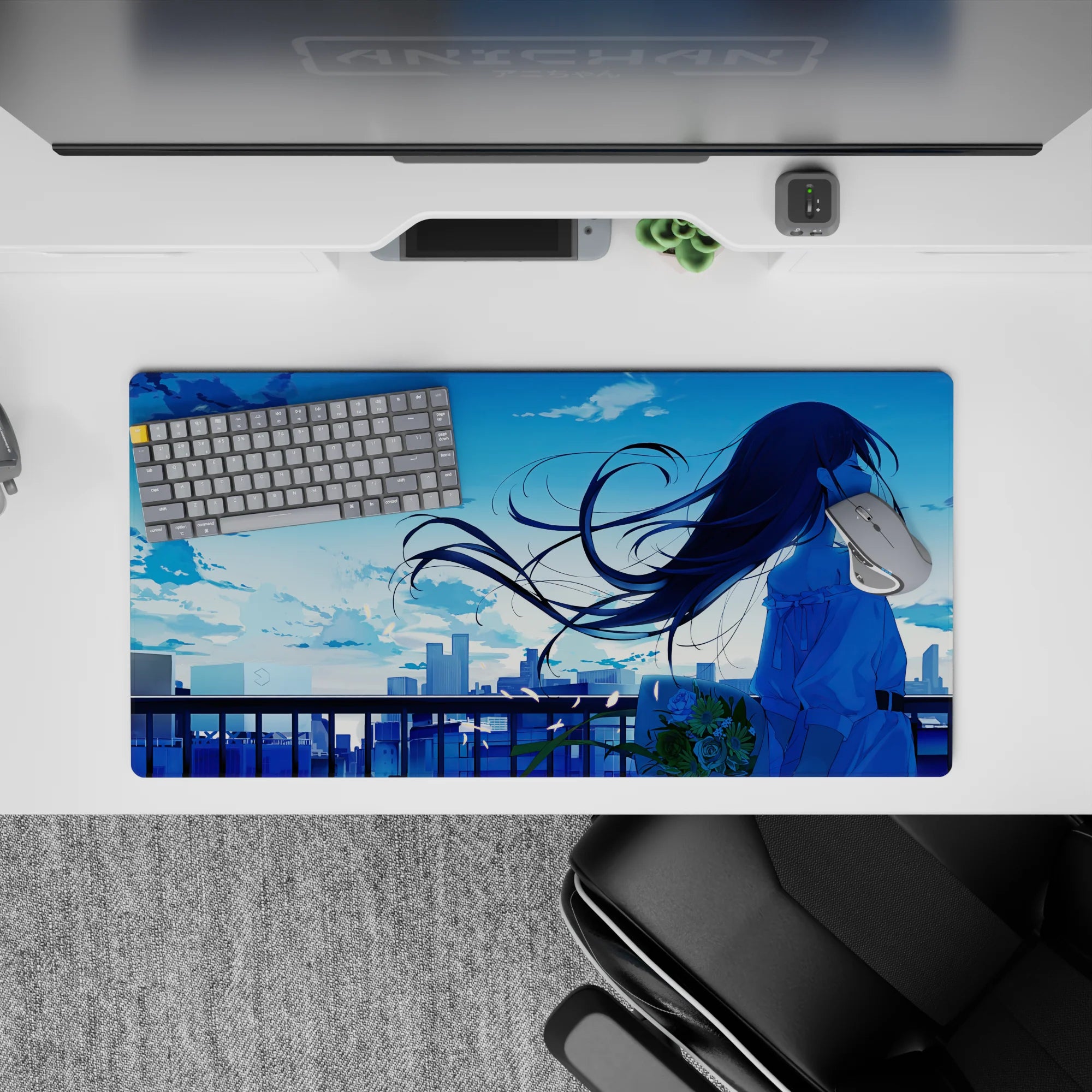 Dreamy cool blue anime girl mouse pad 32x16 inches, soft gradients, calm romantic evening mood.