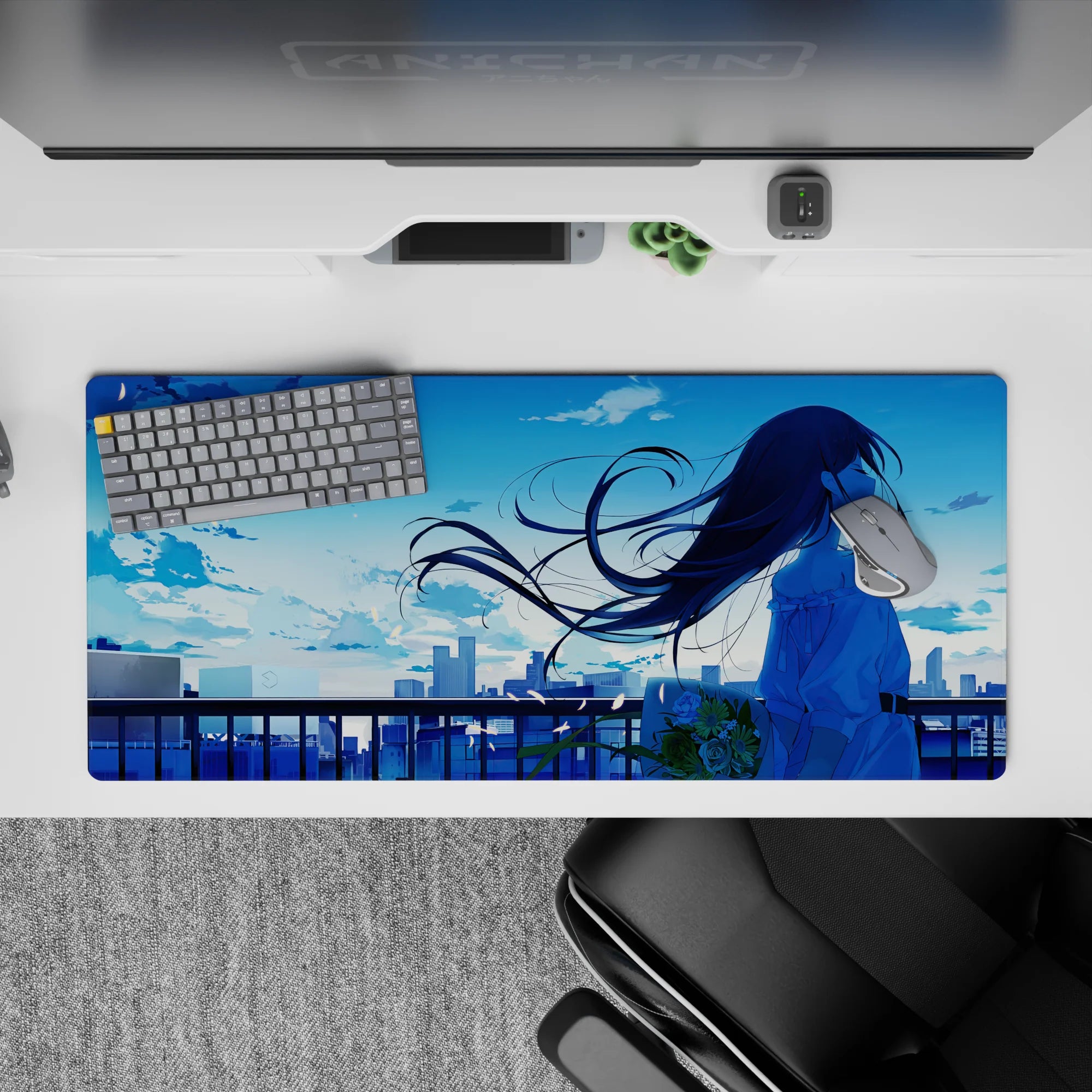 Dreamy cool-blue anime girl desk pad 36x16 inches, soft gradients, quiet romantic sunset mood.