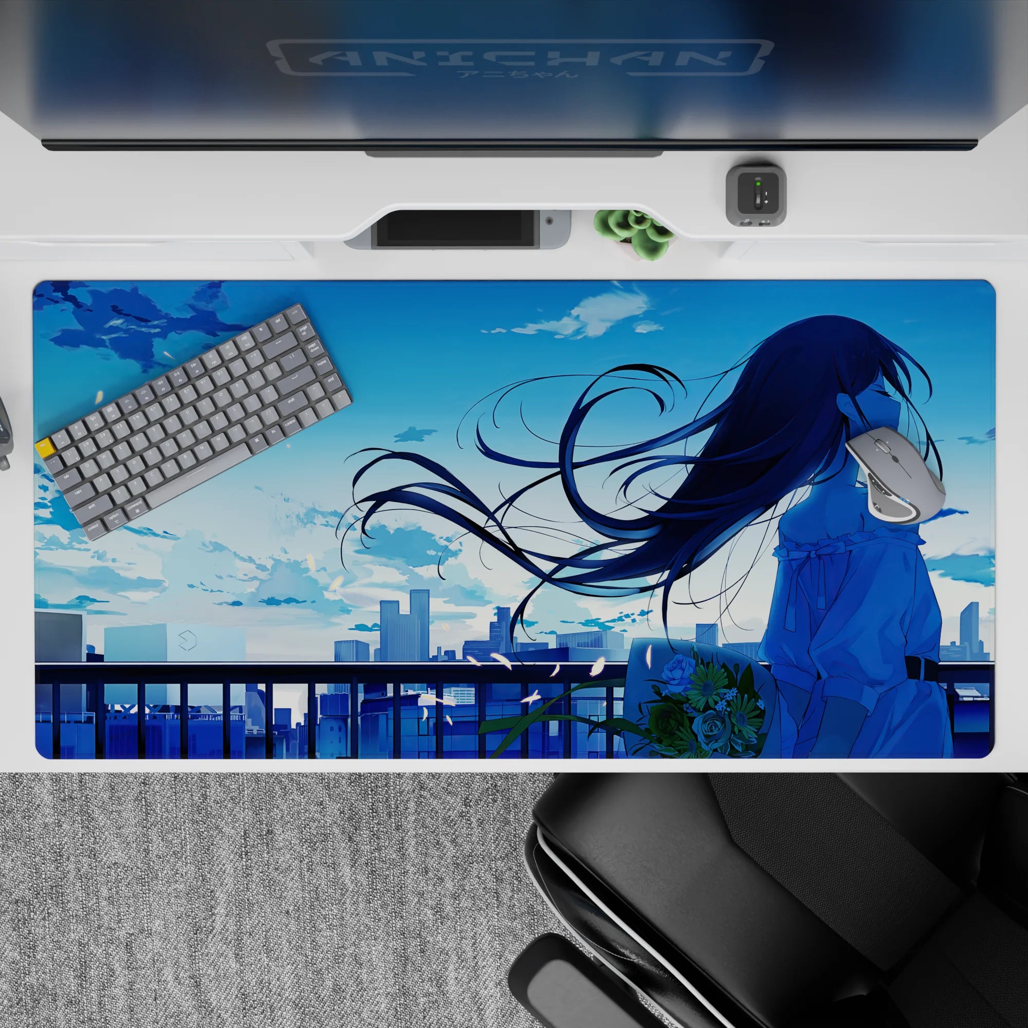 Dreamy cool-blue anime girl desk pad 40x20 inches with soft clouds and calm romantic evening vibe.