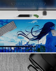 Dreamy cool-blue anime girl desk pad 40x20 inches with soft clouds and calm romantic evening vibe.