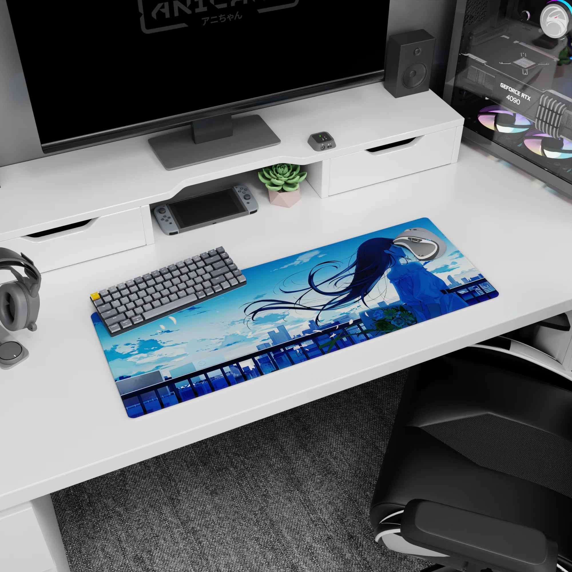 Long-haired anime girl watching the skyline at sunset on a 32x12 inches mouse pad, romantic and quiet.