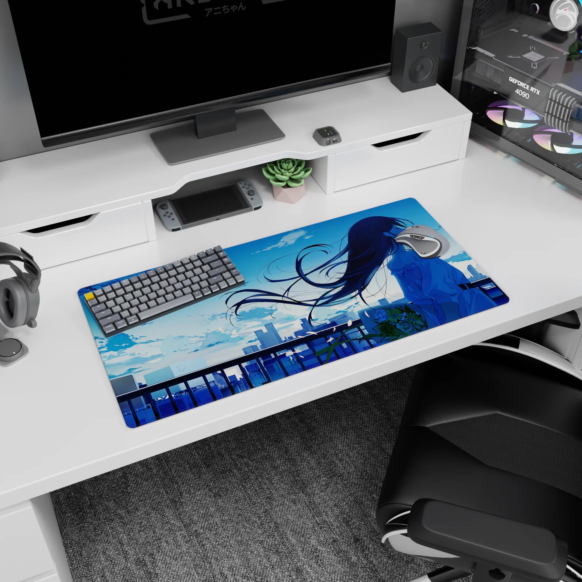 Long-haired anime girl watching the skyline at sunset on a mouse pad 32x16 inches, breezy clouds.