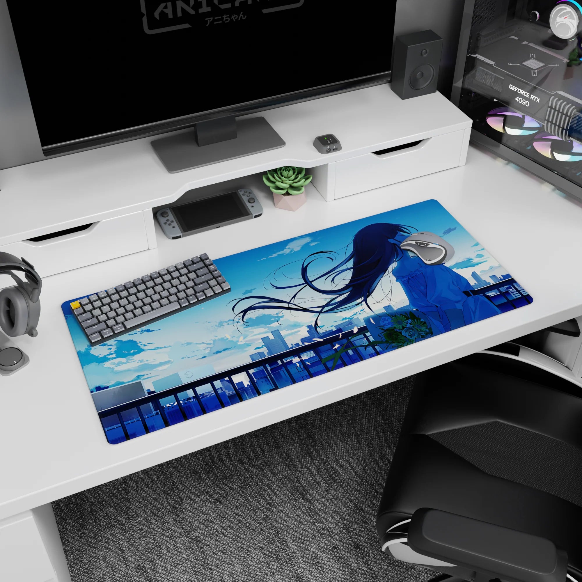 Long-haired anime girl watching the skyline at sunset on a 36x16 inches desk pad, petals in the air.