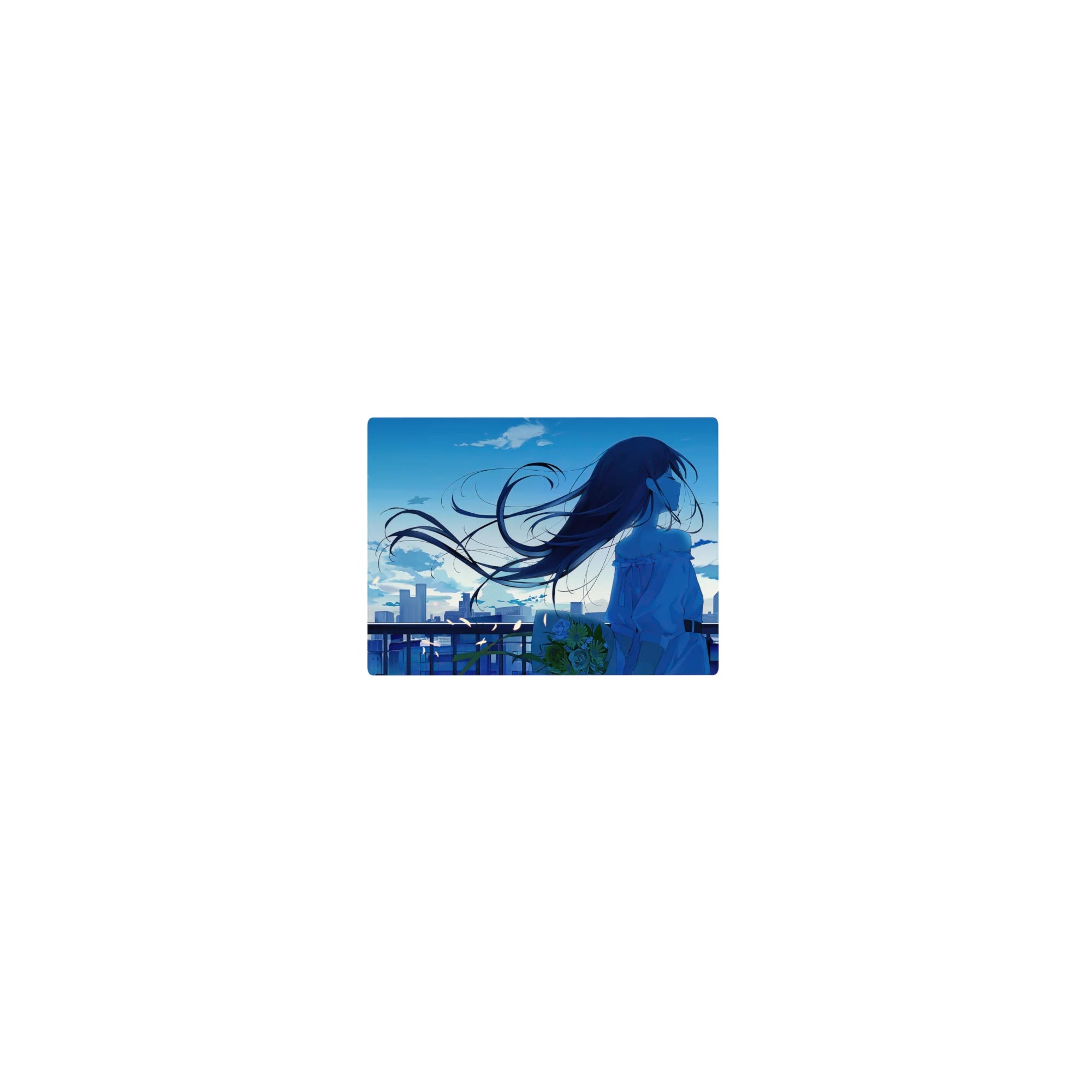 Classic anime girl mouse pad 14x10 inches with skyline sunset, railing silhouette, drifting petals.